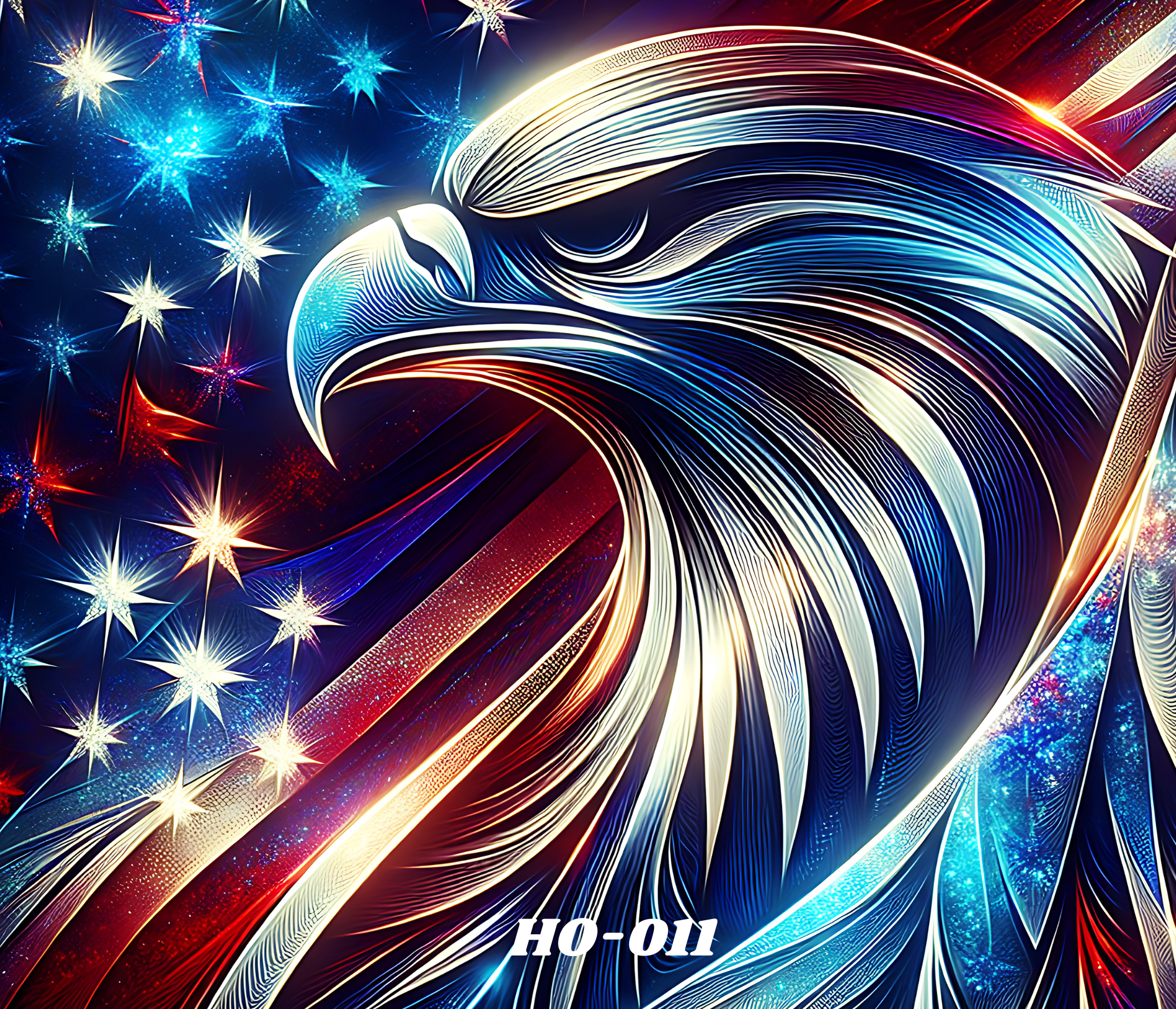 Abstract artwork featuring bright stars and swirling lines in red, blue, white, and yellow colors
