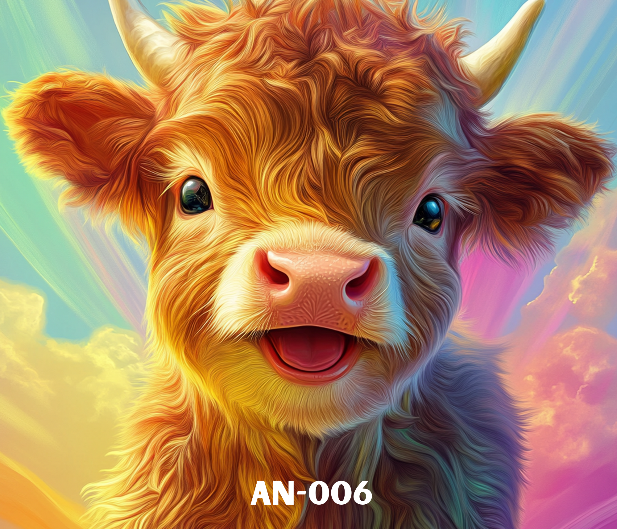 A colorful digital illustration of a happy, smiling dog with brown, fluffy fur, large expressive eyes, a pink tongue, and dominating the foreground, with a rainbow-colored sky in the background.