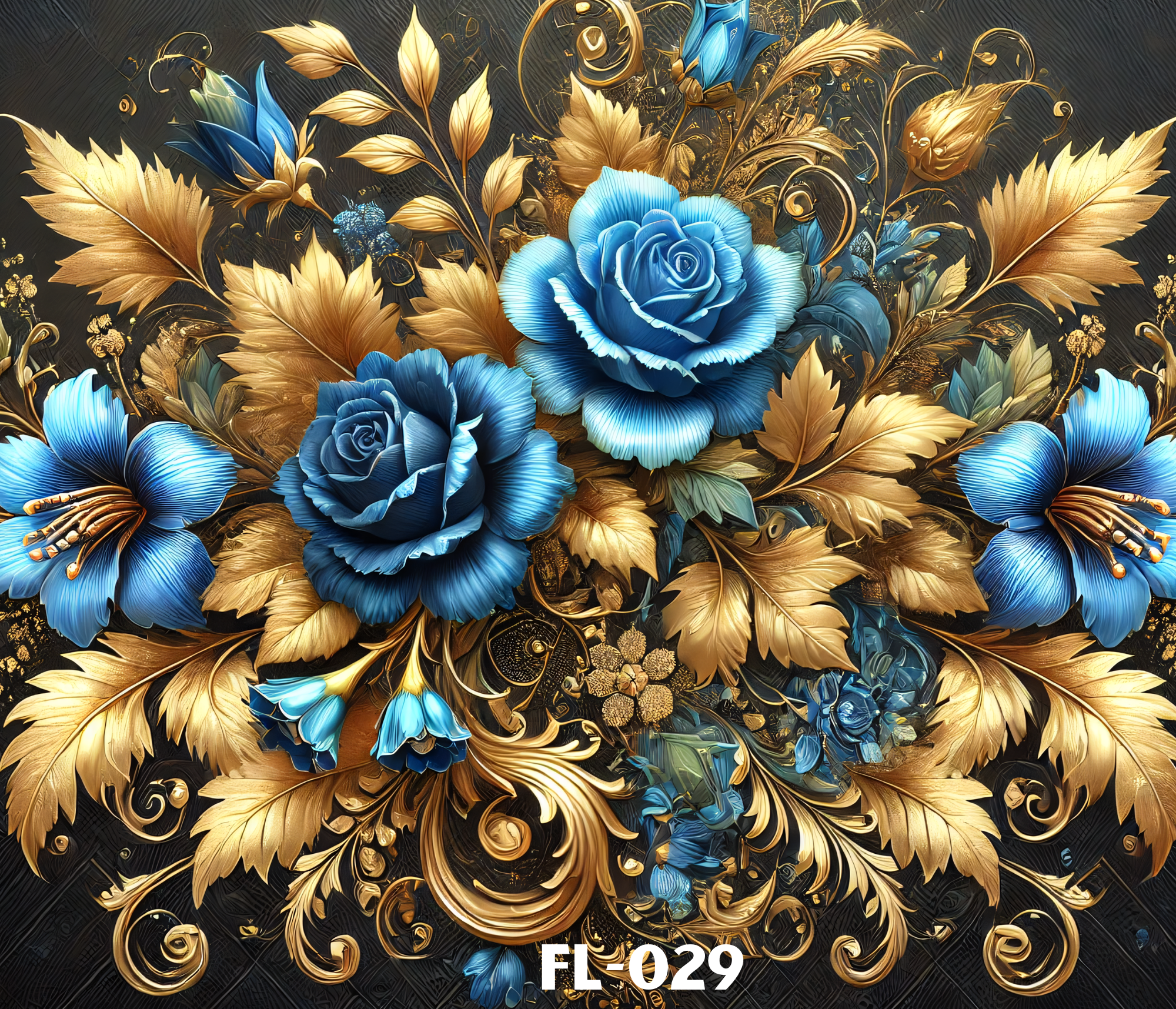 Decorative floral design featuring large blue roses, gold leaves, and intricate gold accents on a dark background. Text at the bottom reads 'FL-029'.