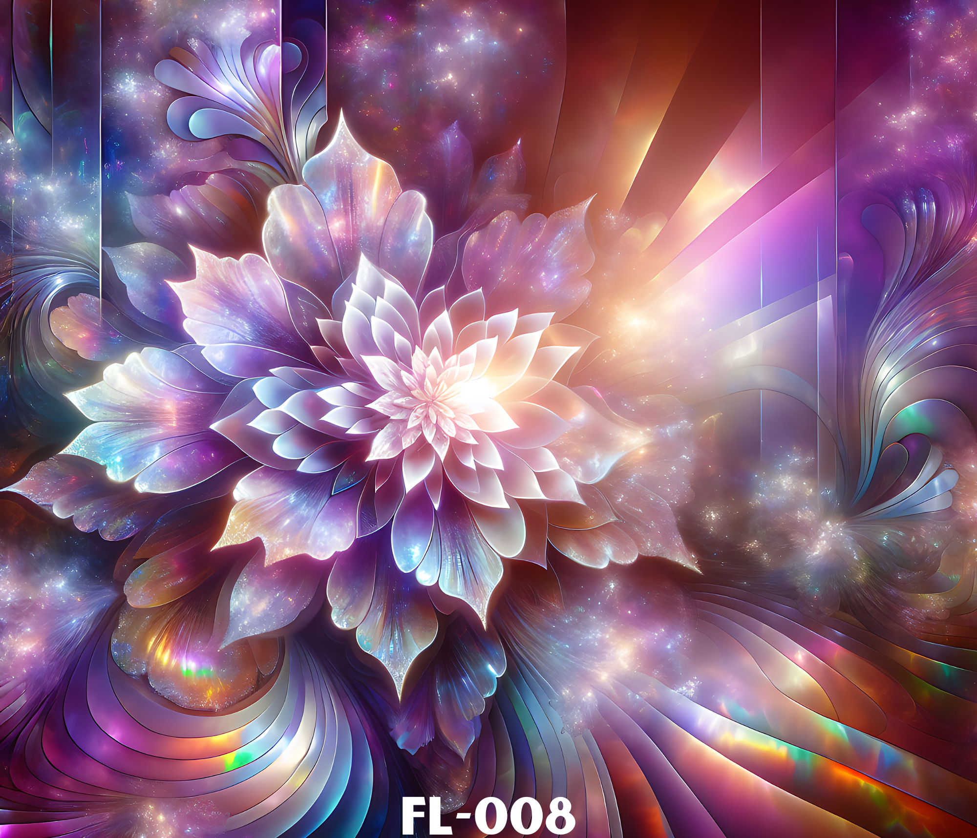 Abstract digital artwork of glowing, colorful flower-like structures with cosmic background, featuring pink, purple, blue, and yellow hues, labeled FL-008.
