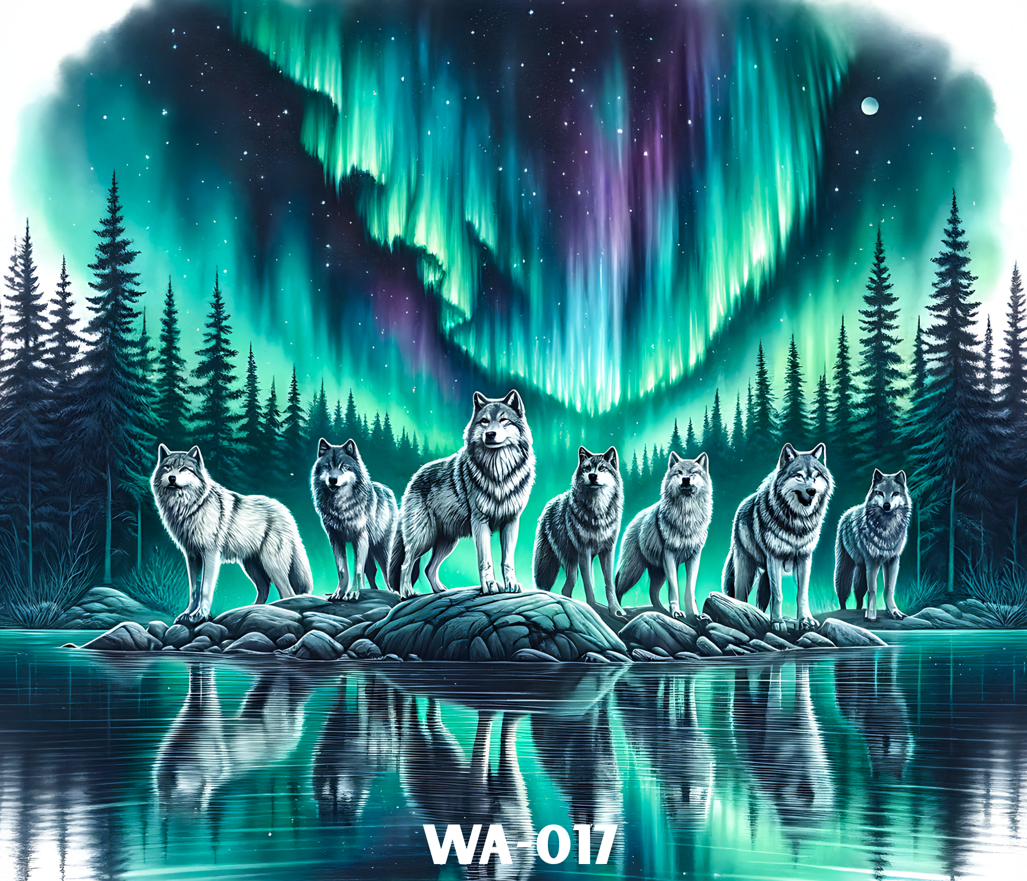 Digital artwork depicting a group of wolves standing on rocks by a reflective body of water under a night sky illuminated by vibrant green and purple aurora borealis, with a starry sky and a small moon in the background,