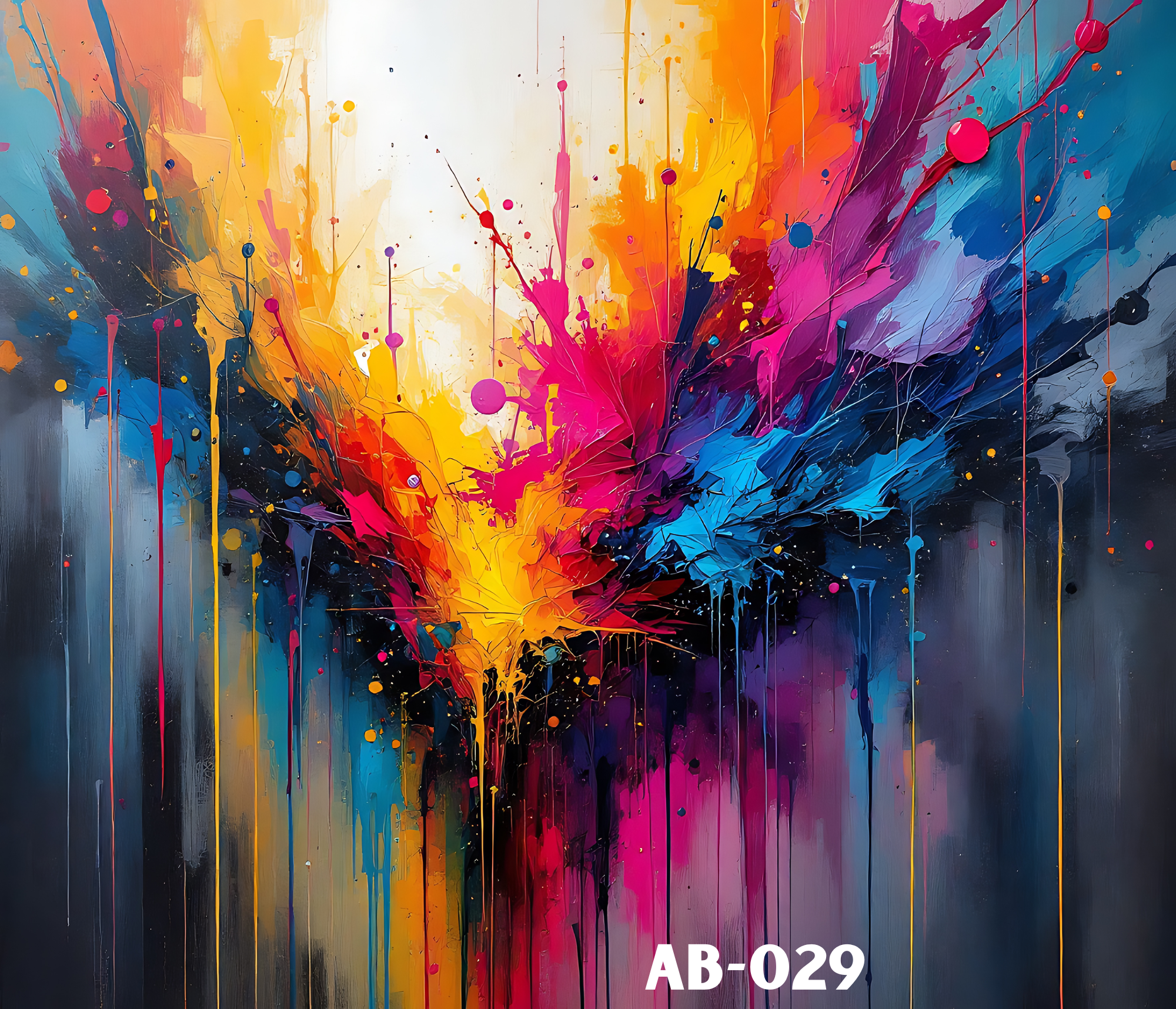 An abstract painting with vibrant splashes of yellow, orange, pink, purple, blue, and black paint on a canvas, with drips and splatters and the text 'AB-029' at the bottom right corner.