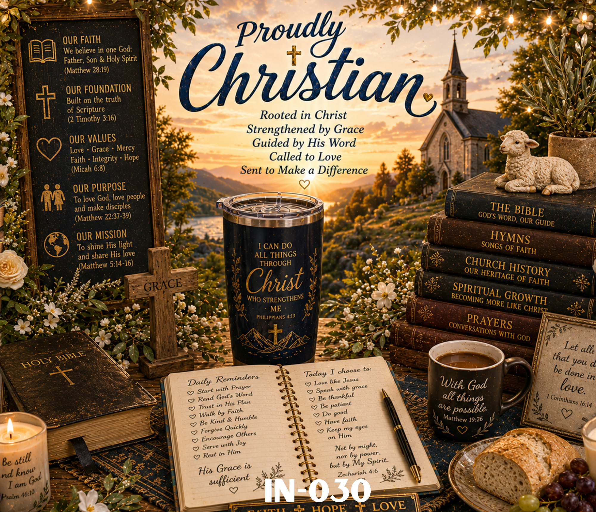 A display of Christian-themed items including a large decorative sign with the words "Proudly Christian" and scripture quotes, a stack of books on Bible history and faith, a prayer journal, candles, and a small sheep figurine, all arranged outdoors with a church in the background during sunset and surrounded by flowers and greenery.