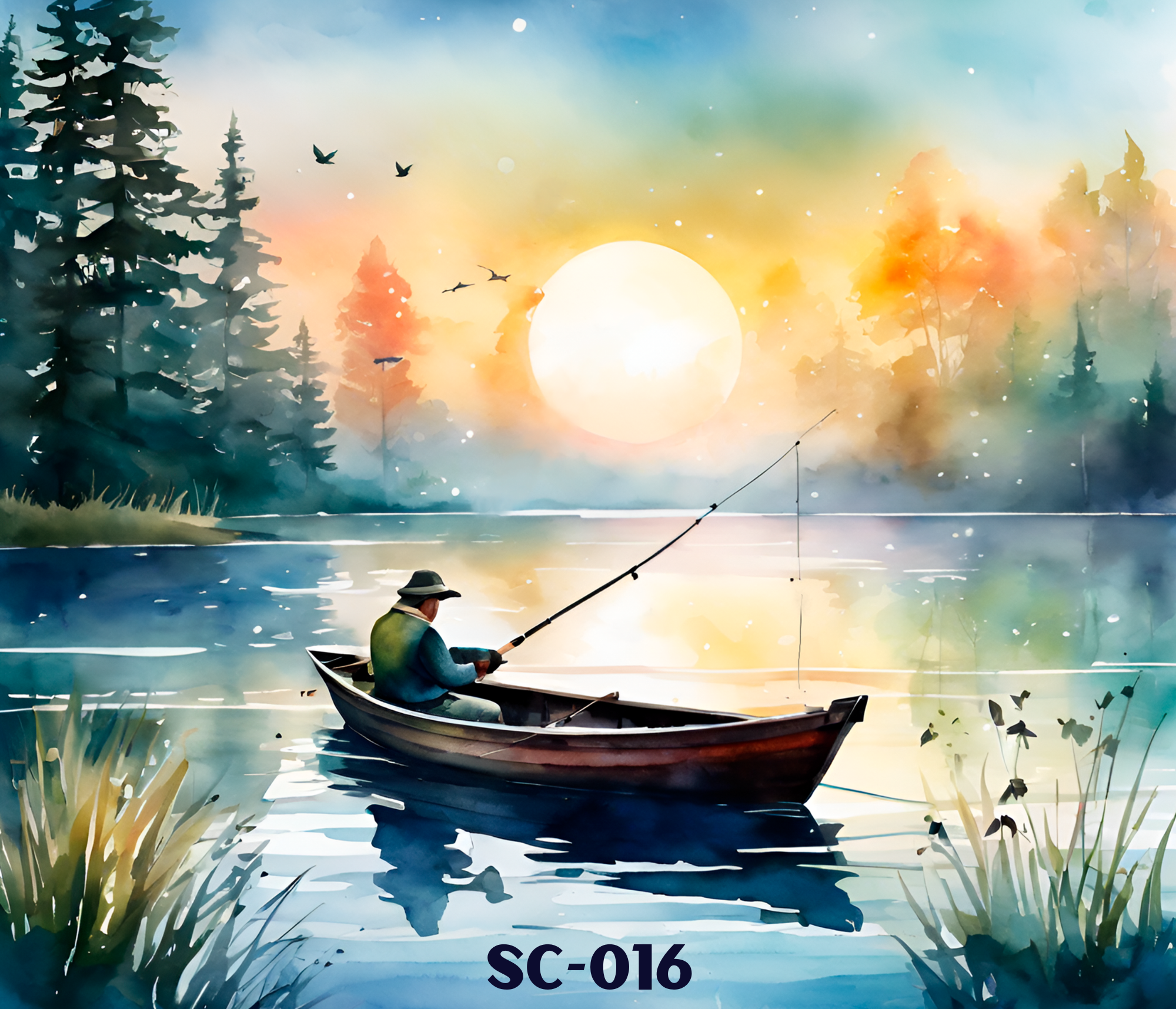 A digital painting of a person fishing in a boat on a lake at sunset, with tall trees on the shoreline, flying birds, and warm colors in the sky. The image has a scenic, tranquil atmosphere