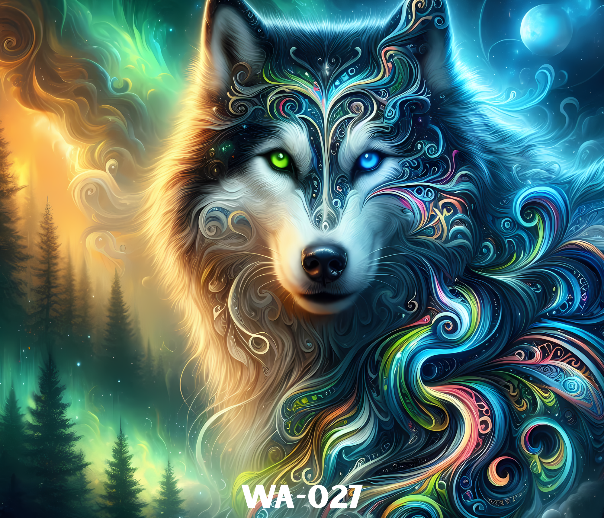 Colorful digital painting of a wolf's face, split into two halves, one side with warm colors and flames, the other with cool colors and water, swirling patterns, and a night sky with a full moon and trees in the background.