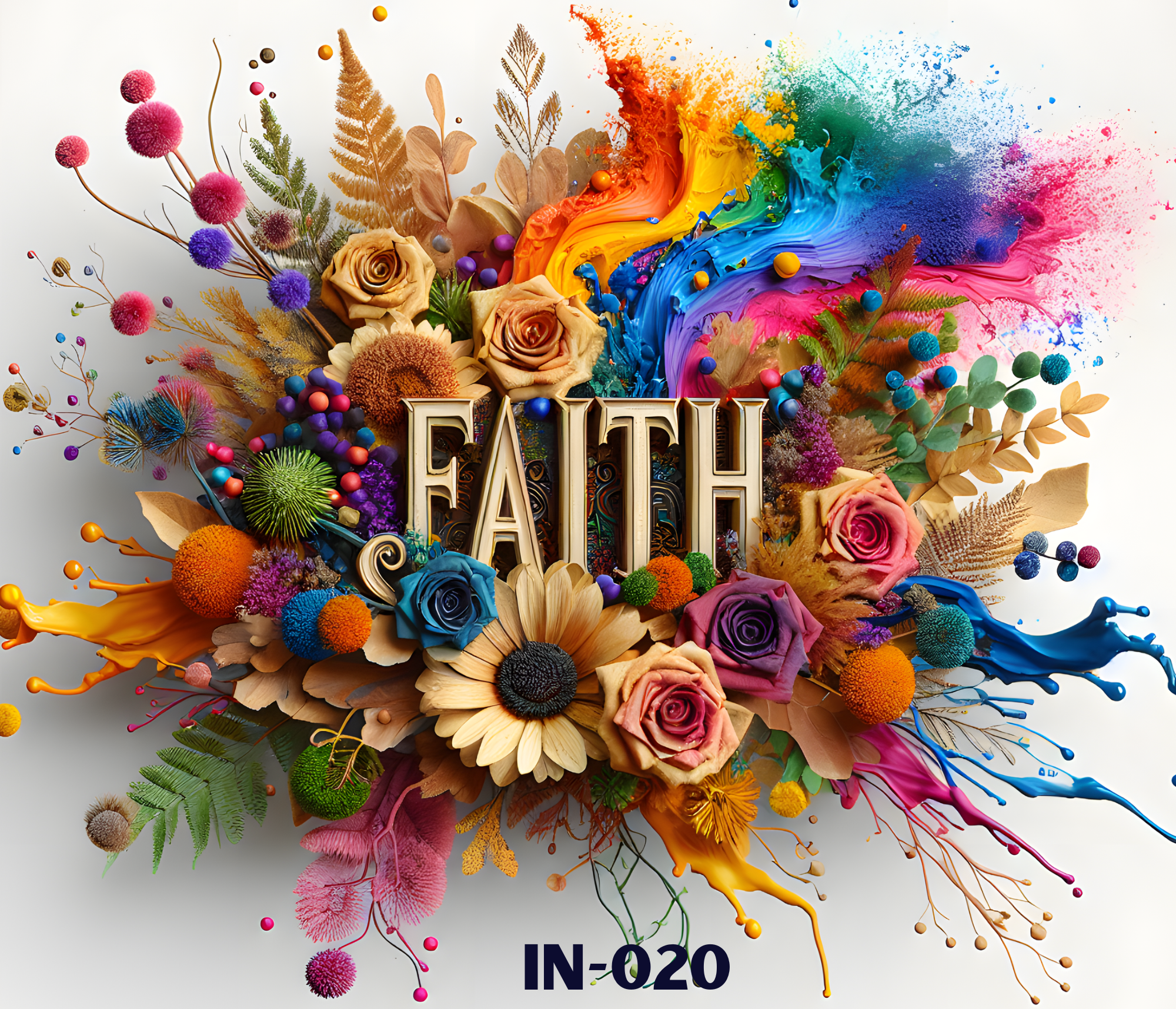 Colorful abstract artwork featuring flowers, leaves, and paint splashes with the text "IN-020" at the bottom.