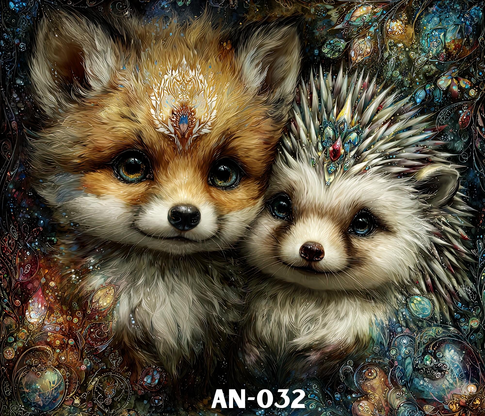 A digital artwork of two puppies with light brown and white fur, surrounded by a colorful, abstract, swirl pattern with decorative elements.