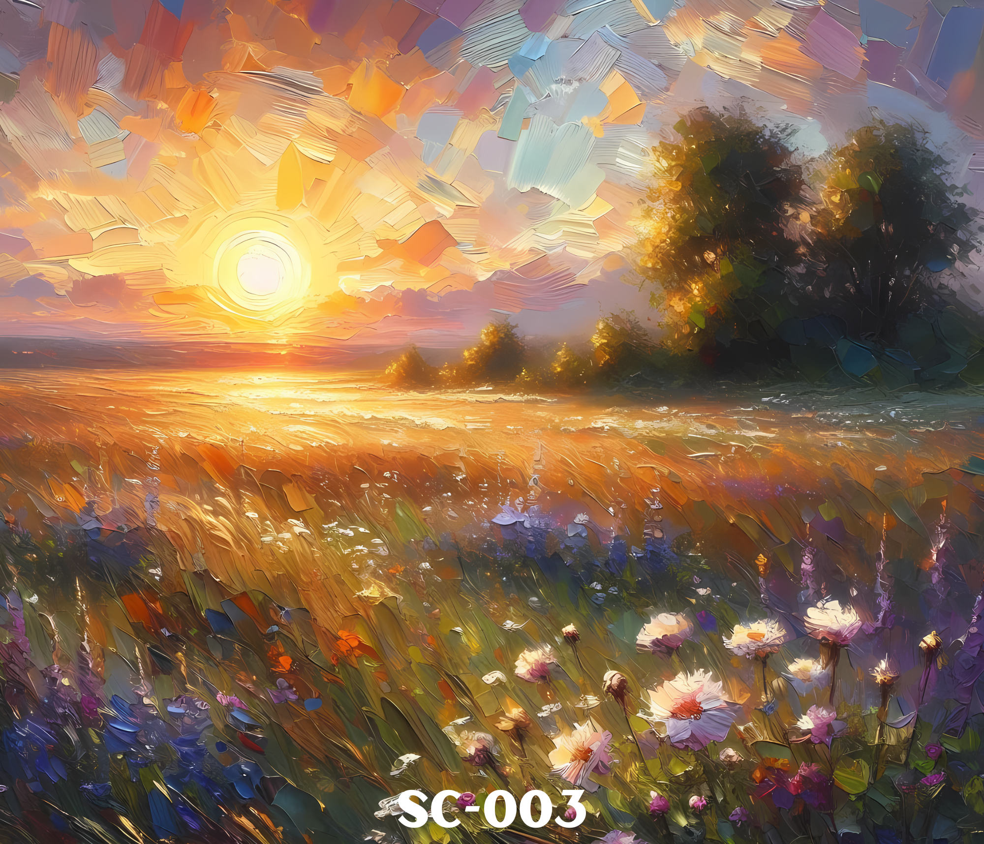 A vibrant, abstract painting of a sunset over a landscape. The bright sun is near the horizon, casting a golden glow across the sky with shades of orange, pink, and purple. There are stylized trees on the right side with dark foliage and bright highlights. The foreground features flowing grassy terrain with bold, colorful brushstrokes.