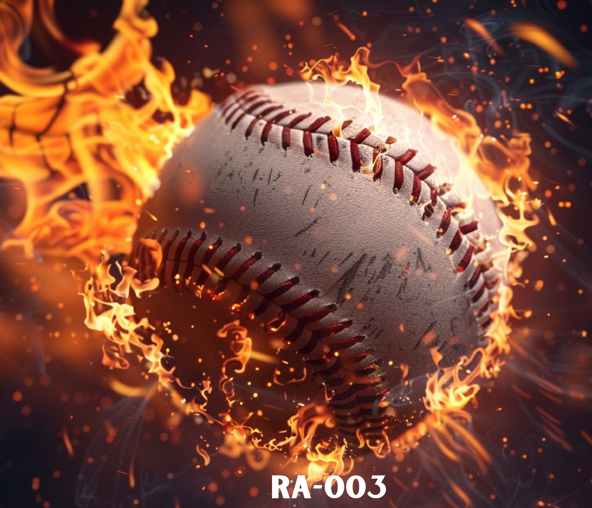 A baseball on fire with flames and sparks surrounding it.