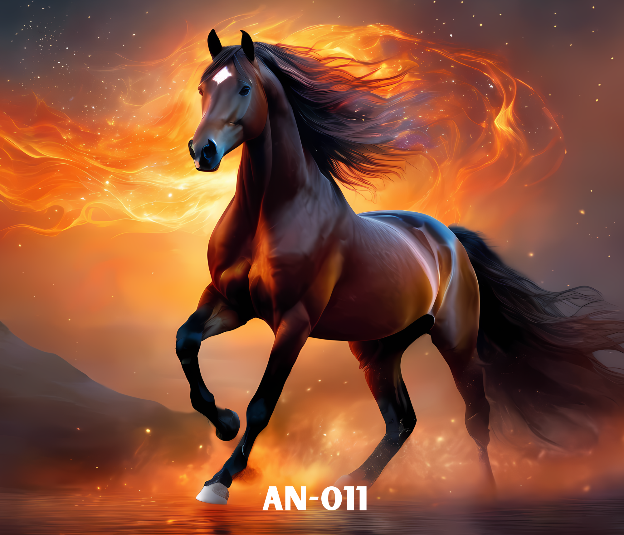 A digital artwork of a black horse with a flowing fiery mane and tail, standing in front of a fiery background with sparks and glowing embers,