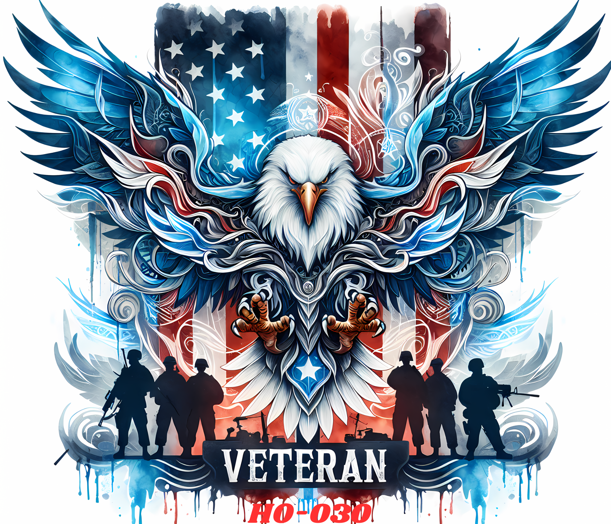 A digital artwork depicting a fierce bald eagle with outspread wings in red, white, and blue colors, symbolizing American patriotism, with stylized silhouettes of soldiers in the foreground and fireworks, an American flag in the background, and the words 'Veteran ' at the bottom.