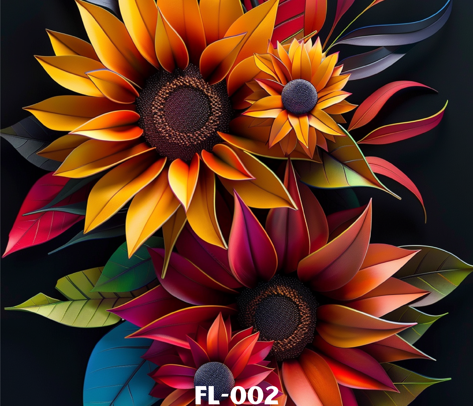 Digital artwork of vibrant, multi-colored flowers with a dark background, featuring orange, yellow, red, pink, blue, green, and purple leaves and petals, with the text 'FL-002' at the bottom.