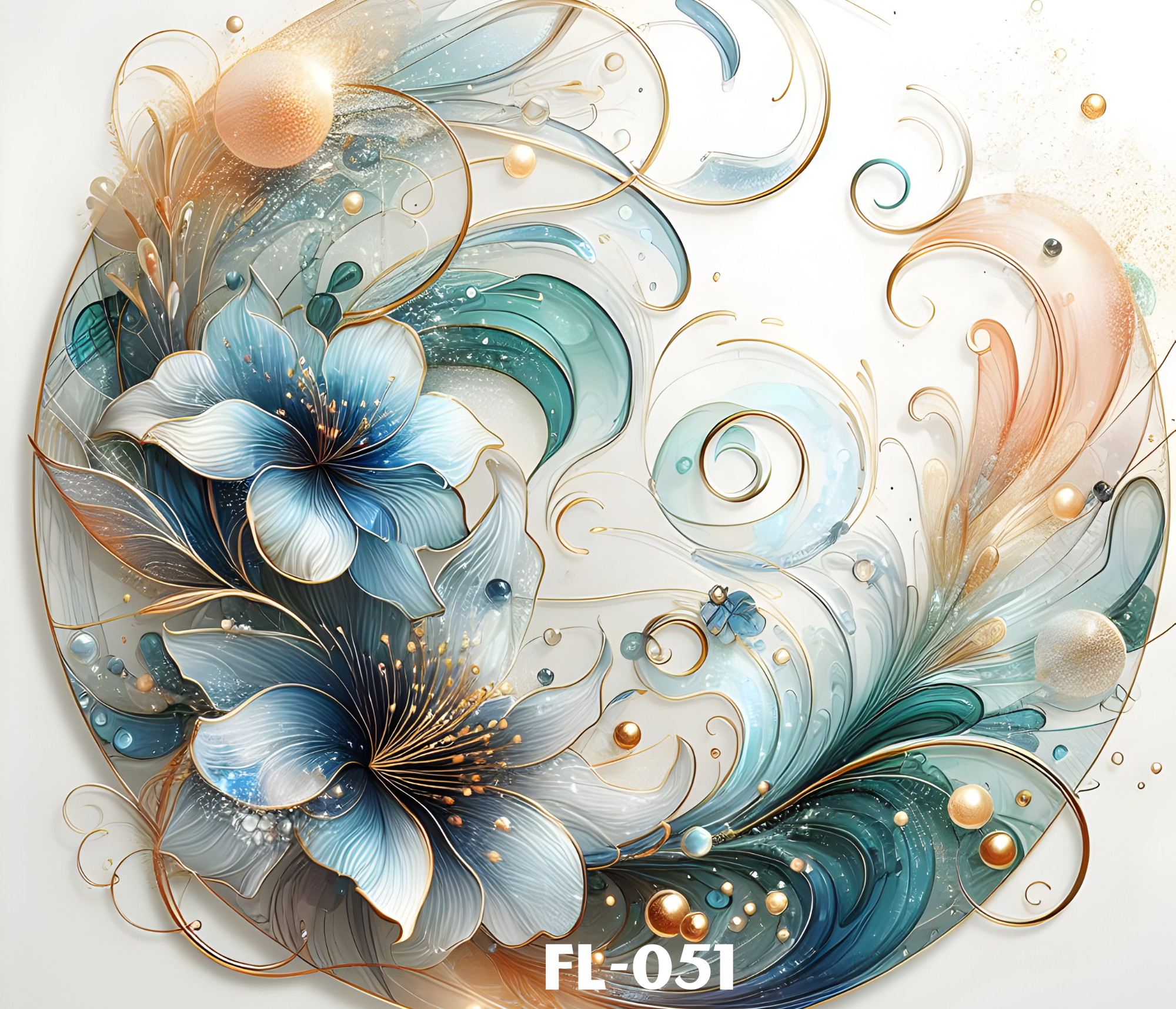 An abstract artwork featuring swirling patterns and floral shapes in blue, teal, cream, and gold colors, with gold and pearl accents, on a white background.