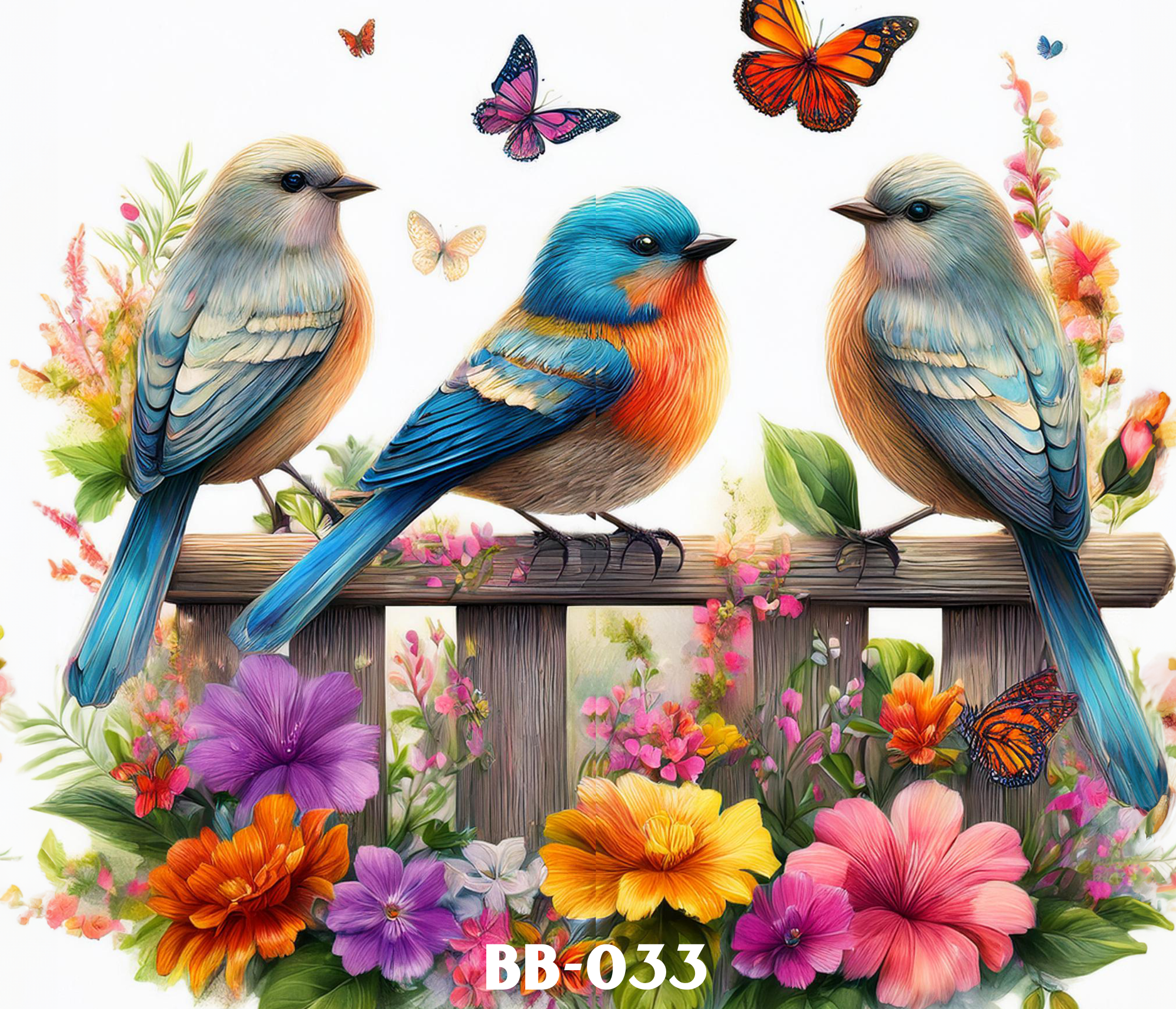 Colorful illustration of three birds perched on a wooden fence surrounded by vibrant flowers and butterflies.