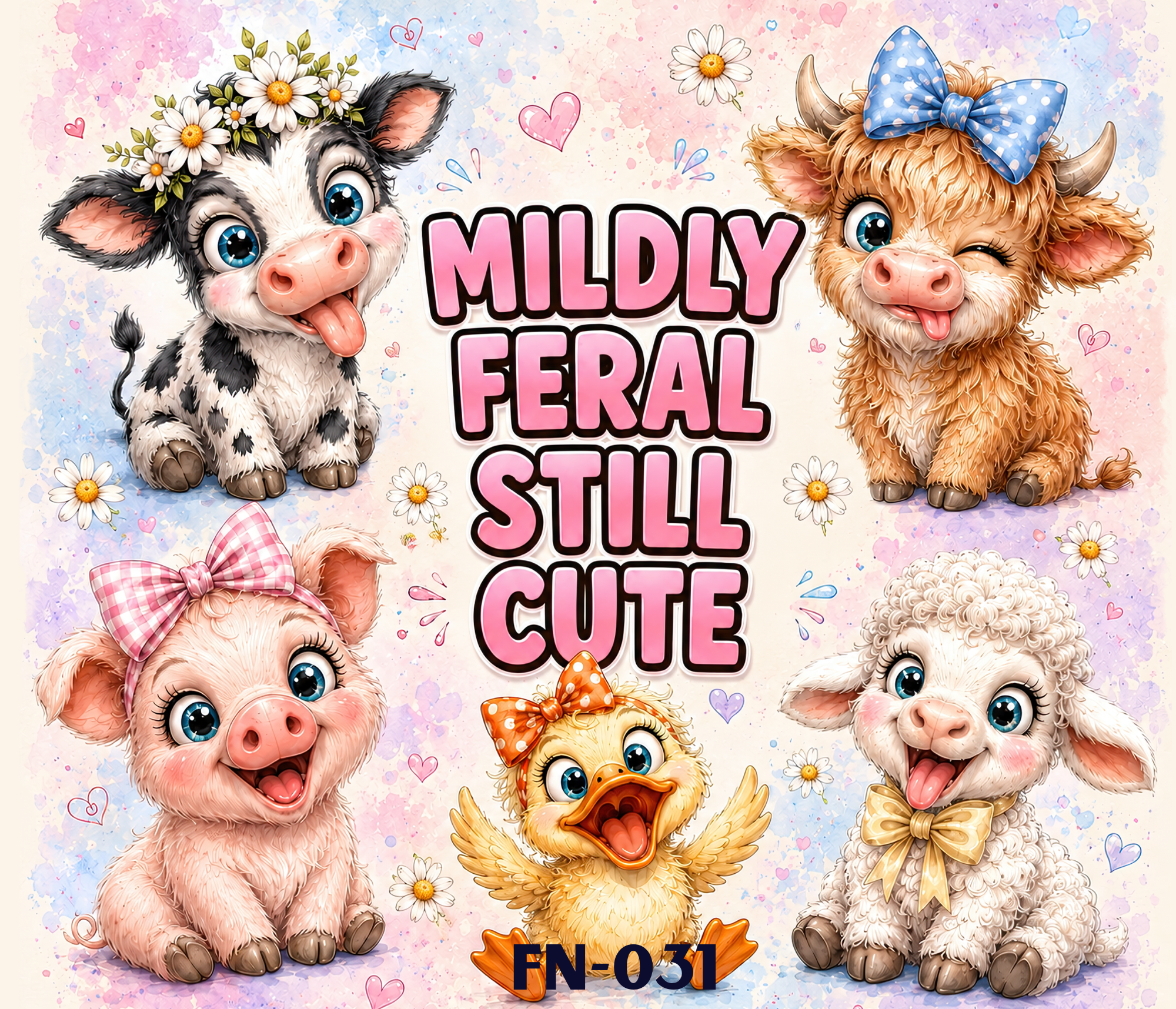 Cute, colorful cartoon farm animals including a cow with daisies, a pig with a pink bow, a duckling with an orange bow, and a sheep with a gold bow, surrounded by hearts and daisies, with the text 'Mildly Feral Still Cute'