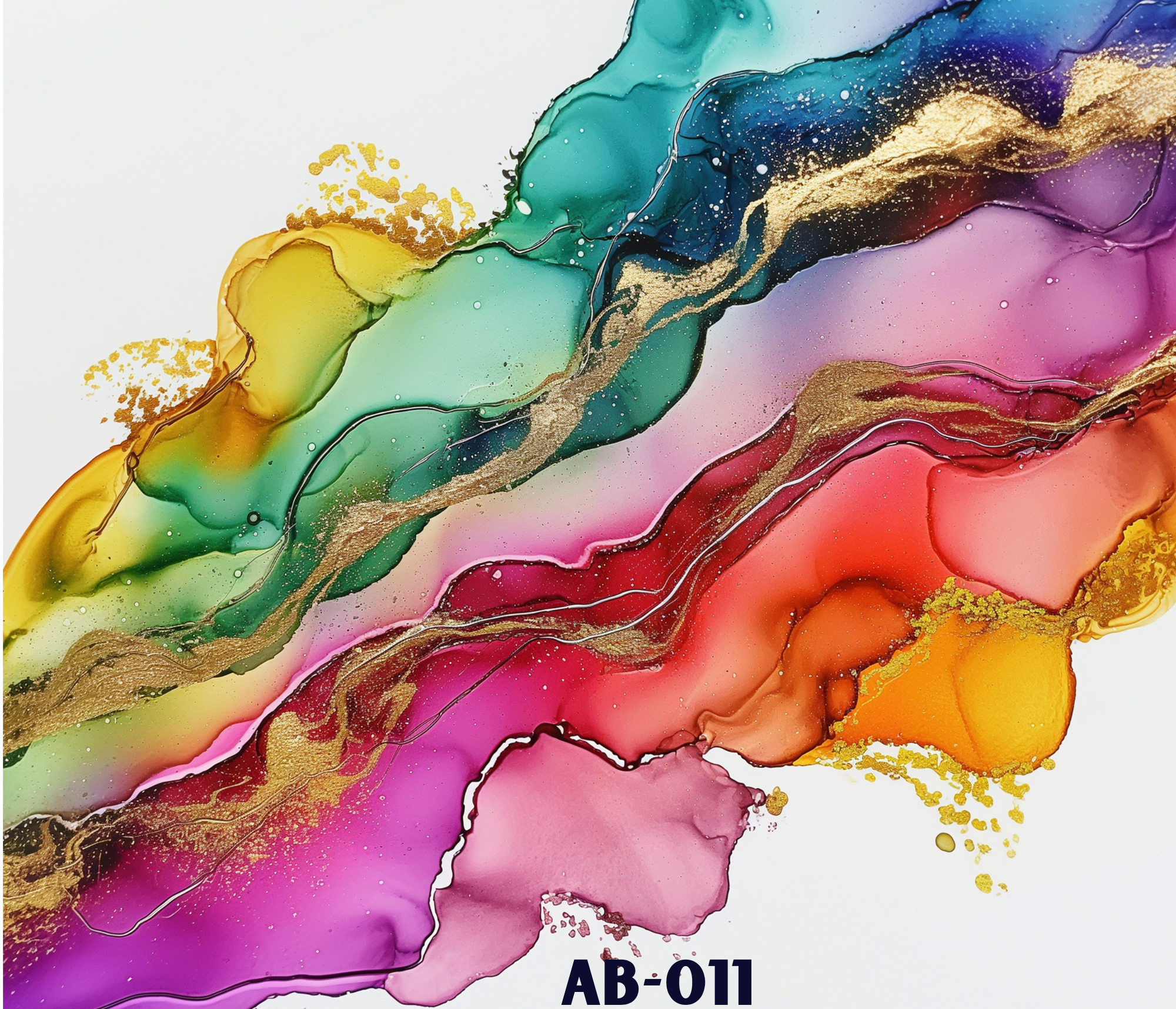 Abstract watercolor painting with vibrant colors including yellow, green, blue, purple, pink, red, and gold accents. The colors are flowing and blending into each other with gold speckles and lines, creating a dynamic, fluid pattern. The bottom right has text reading 'AB-011'.