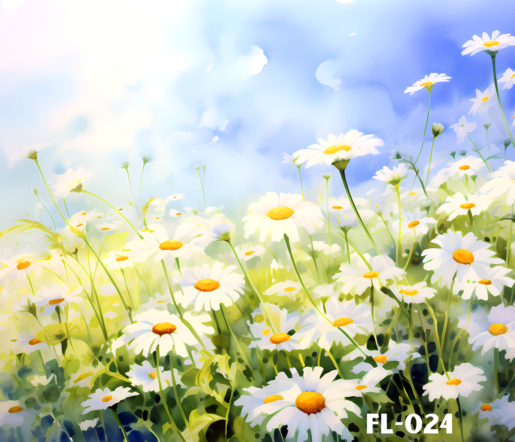 Digital illustration of white daisies with yellow centers against a blue sky with white clouds.