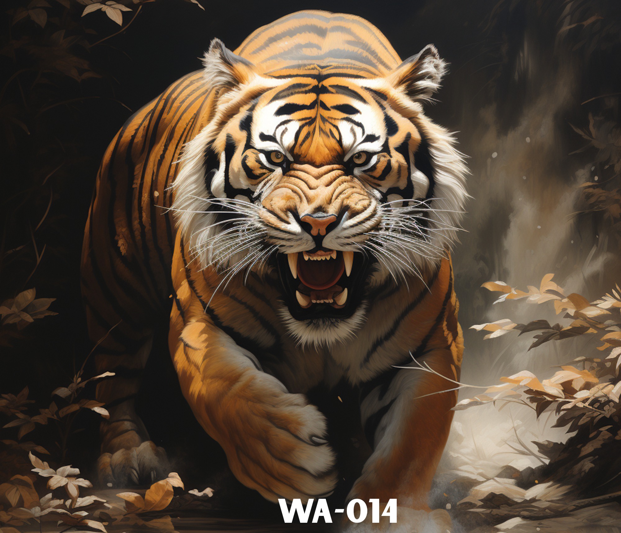 A fierce tiger walking through a forest with dark foliage, showing intense eyes and sharp teeth, with its mouth open and surrounded by fallen leaves.