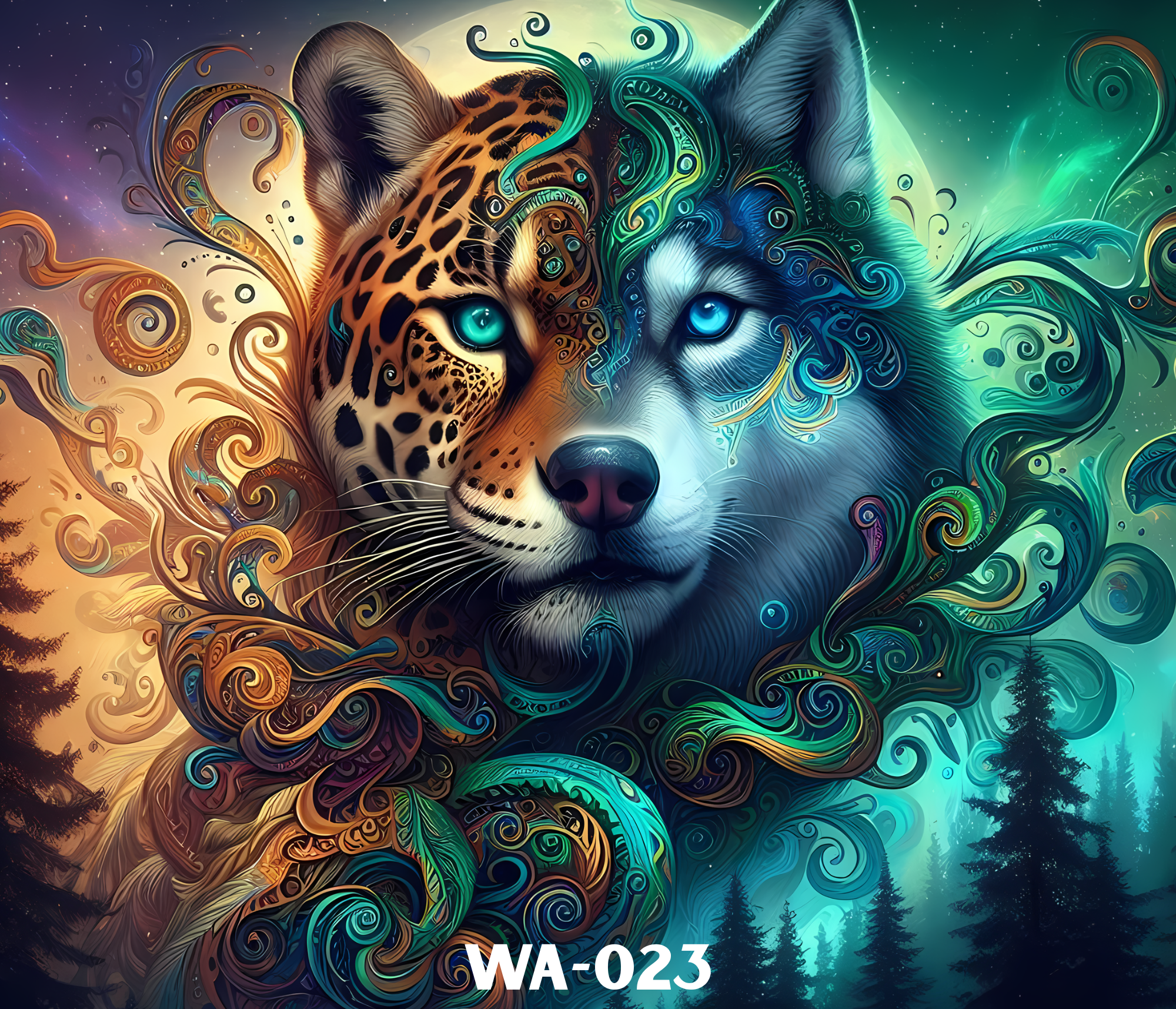 Digital illustration of a wolf, blending into swirling, colorful patterns with stars in the background