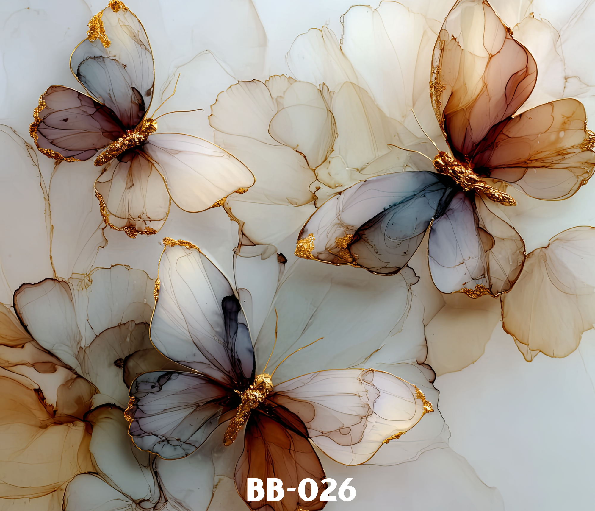 Multiple delicate butterflies with translucent wings accented with gold veins and edges, floating gracefully against a softly illuminated background.
