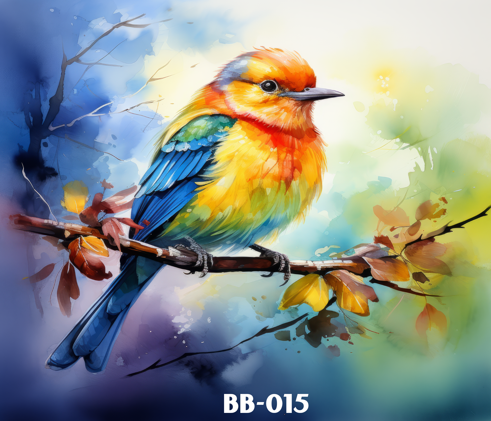 Modern abstract painting of a colorful bird with orange, yellow, blue, and green feathers, perched on a branch. The background features a mix of blue and green hues with watercolor effects.