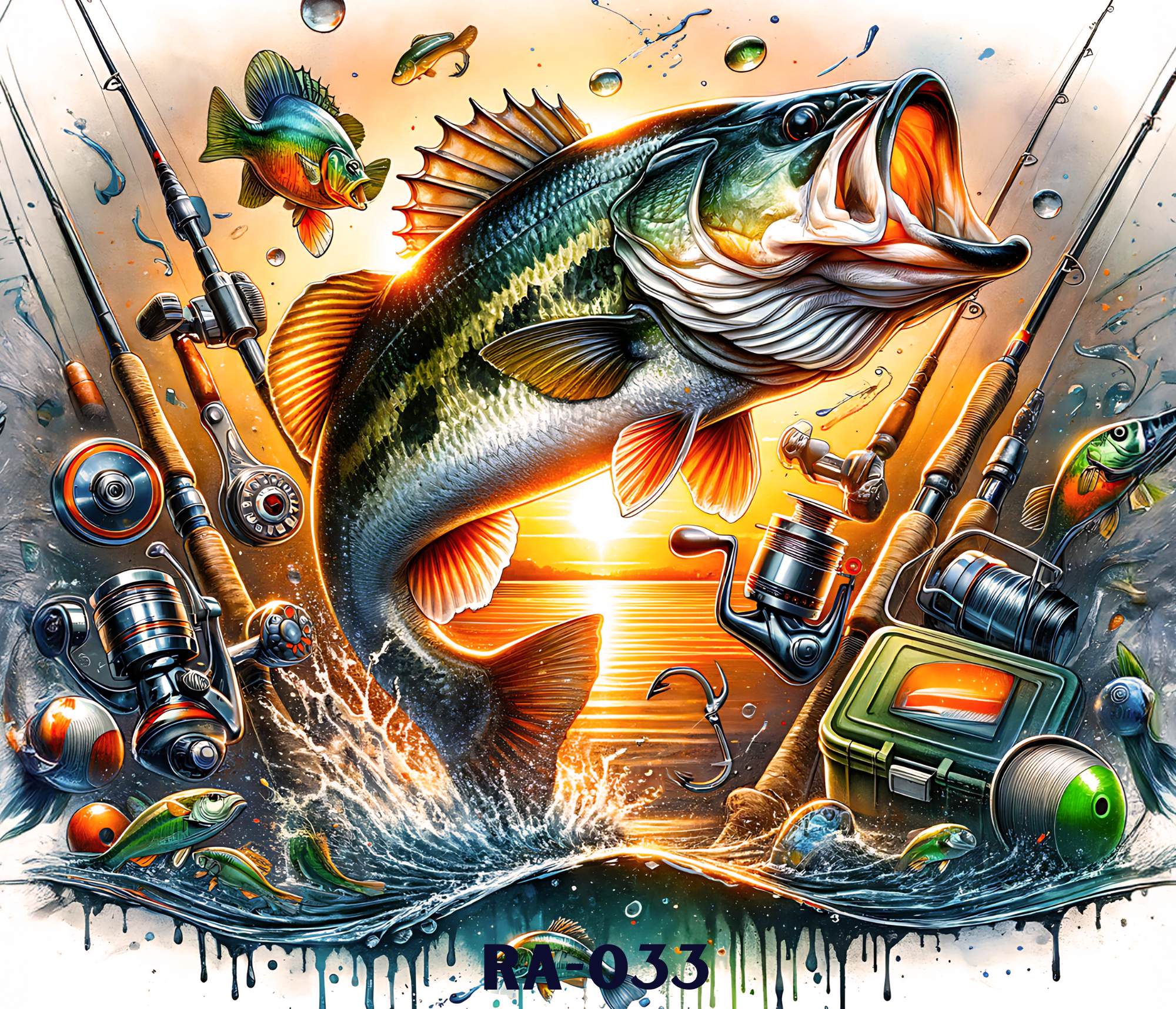 Colorful digital artwork of a large fish with an open mouth surrounded by fishing rods, reels, and fishing gear, with splashes of water and vibrant background.