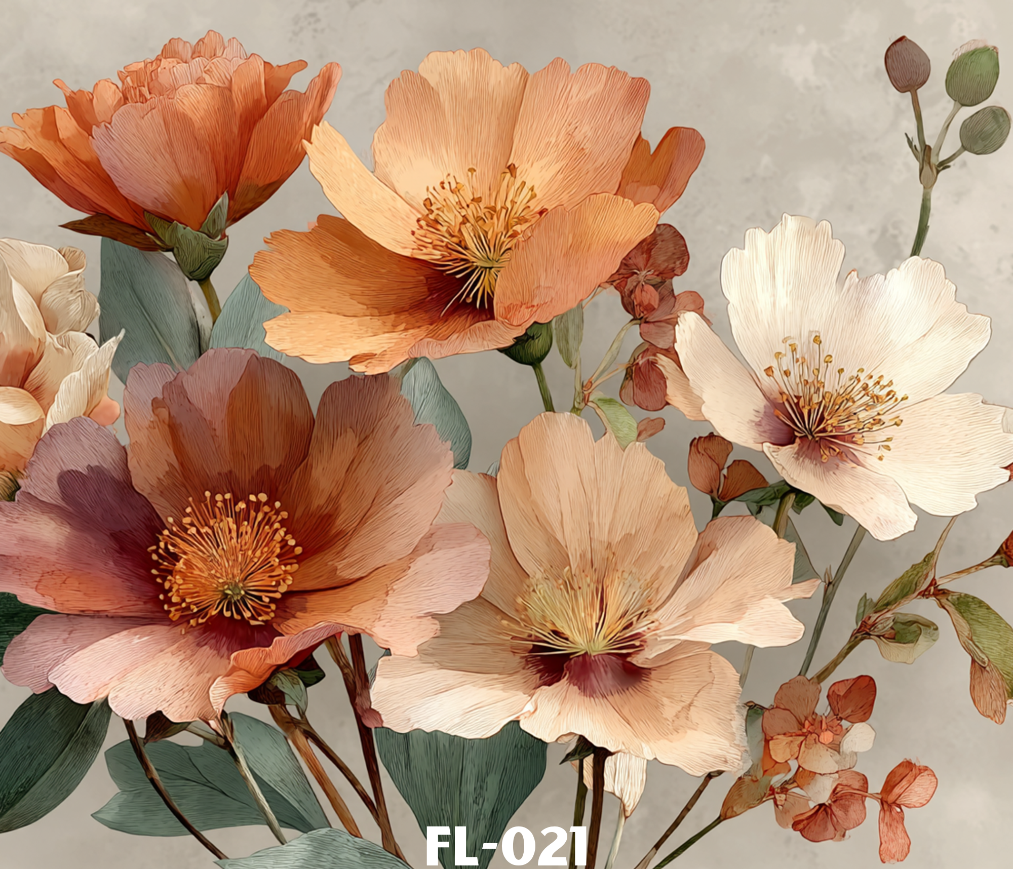 Close-up of peach and cream-colored paper flowers with green leaves and flower buds on a neutral background.