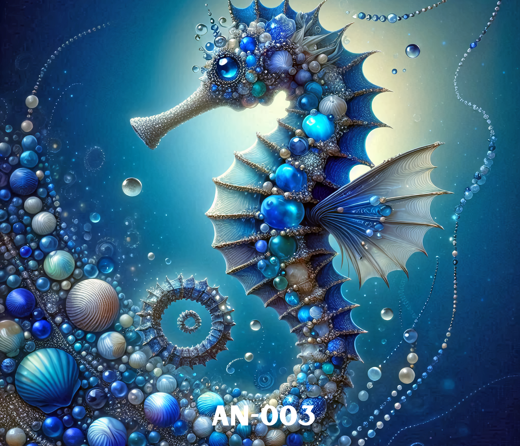 Abstract digital artwork featuring a spiral of beads, shells, and organic textures in shades of blue, white, and beige, set against a gradient background.