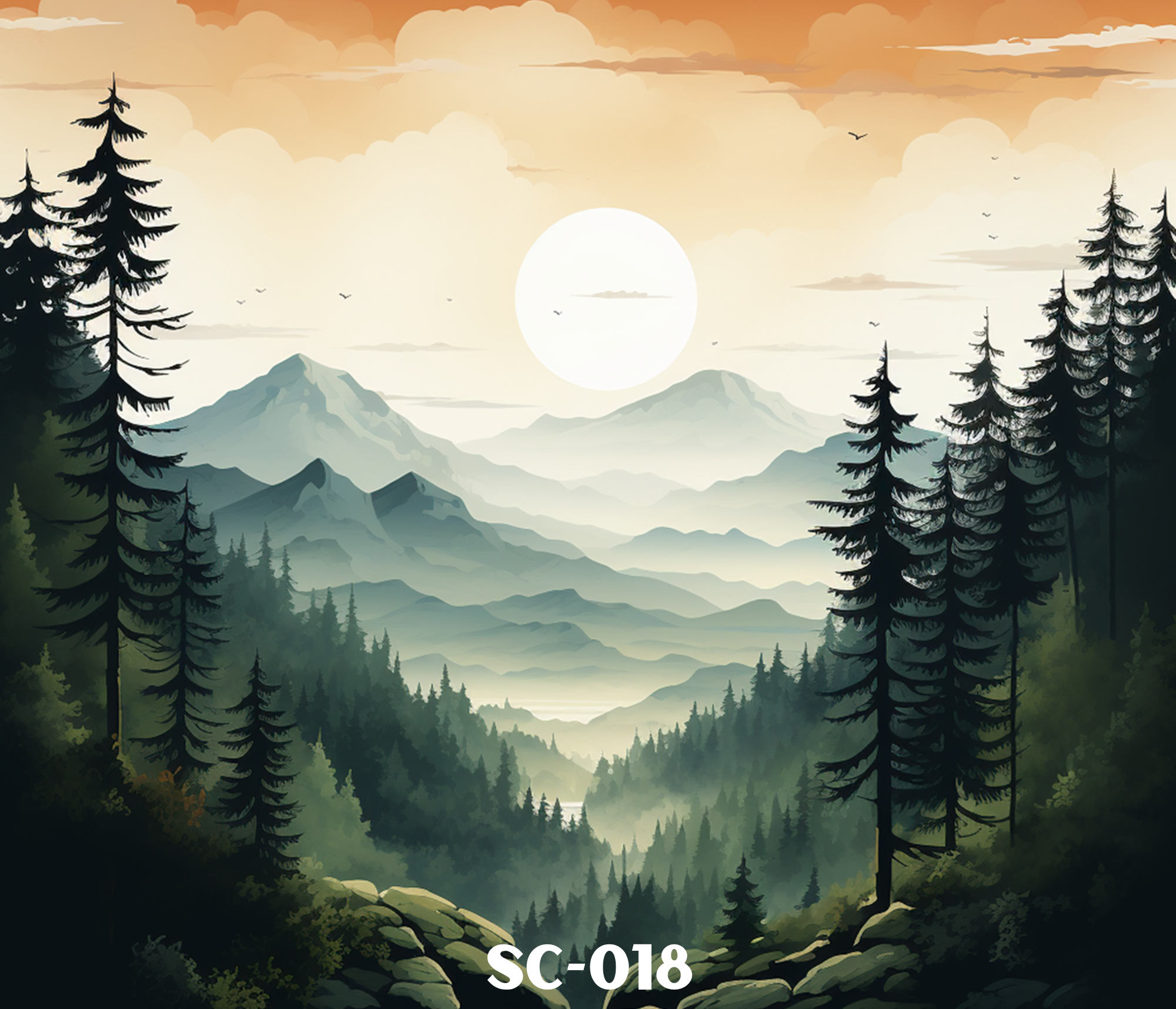 Digital illustration of a mountainous landscape at sunrise or sunset with a large sun in the sky, surrounded by clouds. Tall pine trees in silhouette frame the scene front and back, with layered mountain ridges in the background and a lake in the valley. The text 'SC-018' is at the bottom of the image.