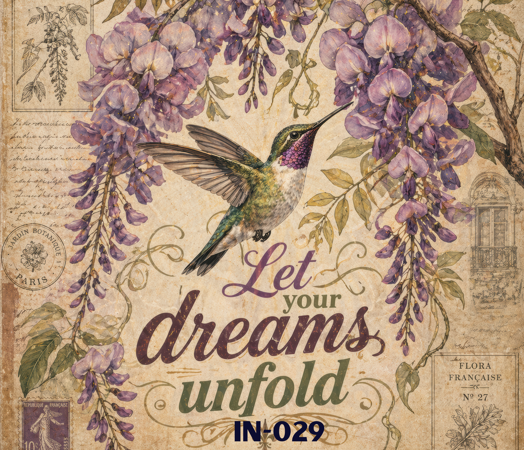 Vintage botanical illustration of a hummingbird hovering near purple wisteria flowers with handwritten notes and French stamps in the background.