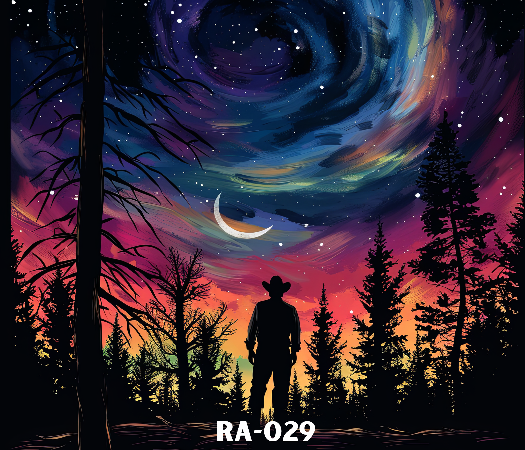 A colorful digital painting of a night sky with a swirling galaxy, stars, and a crescent moon, viewed from a forest with trees and a silhouette of a person in the foreground.