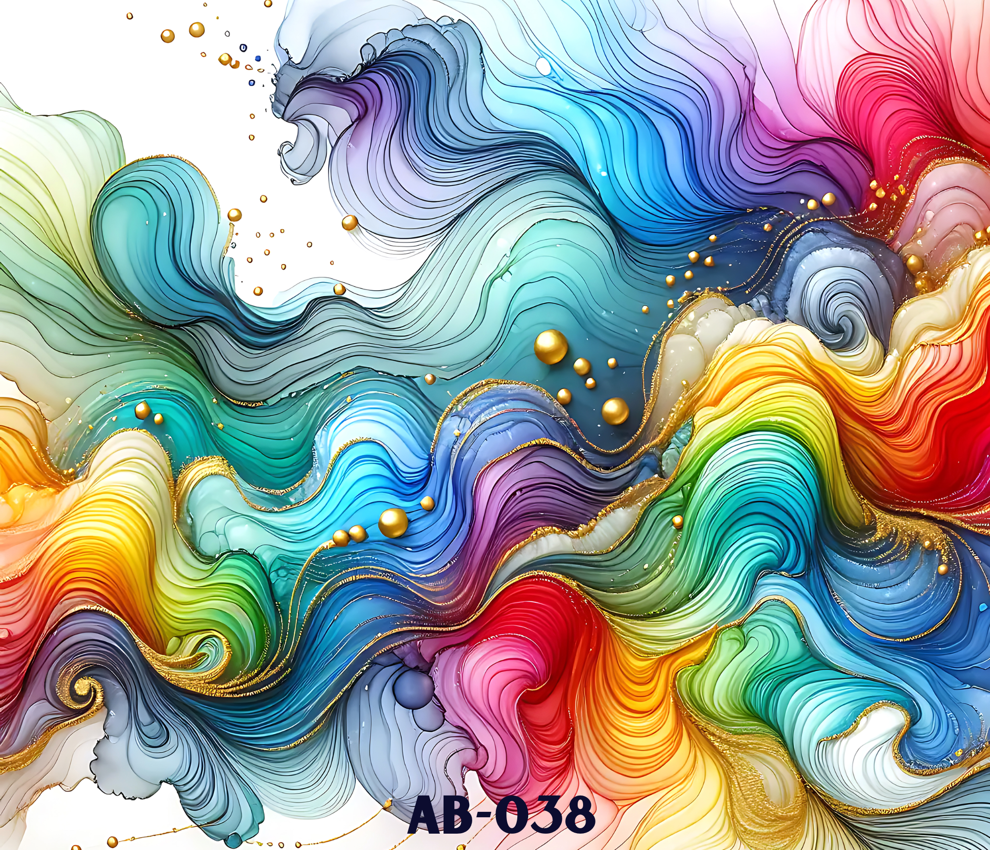 Abstract artwork with colorful swirls, lines, and gold accents, resembling a flowing mixture of rainbow colors with floating gold spheres and gold accents. The bottom part of the image has the text 'AB-058' in large font.