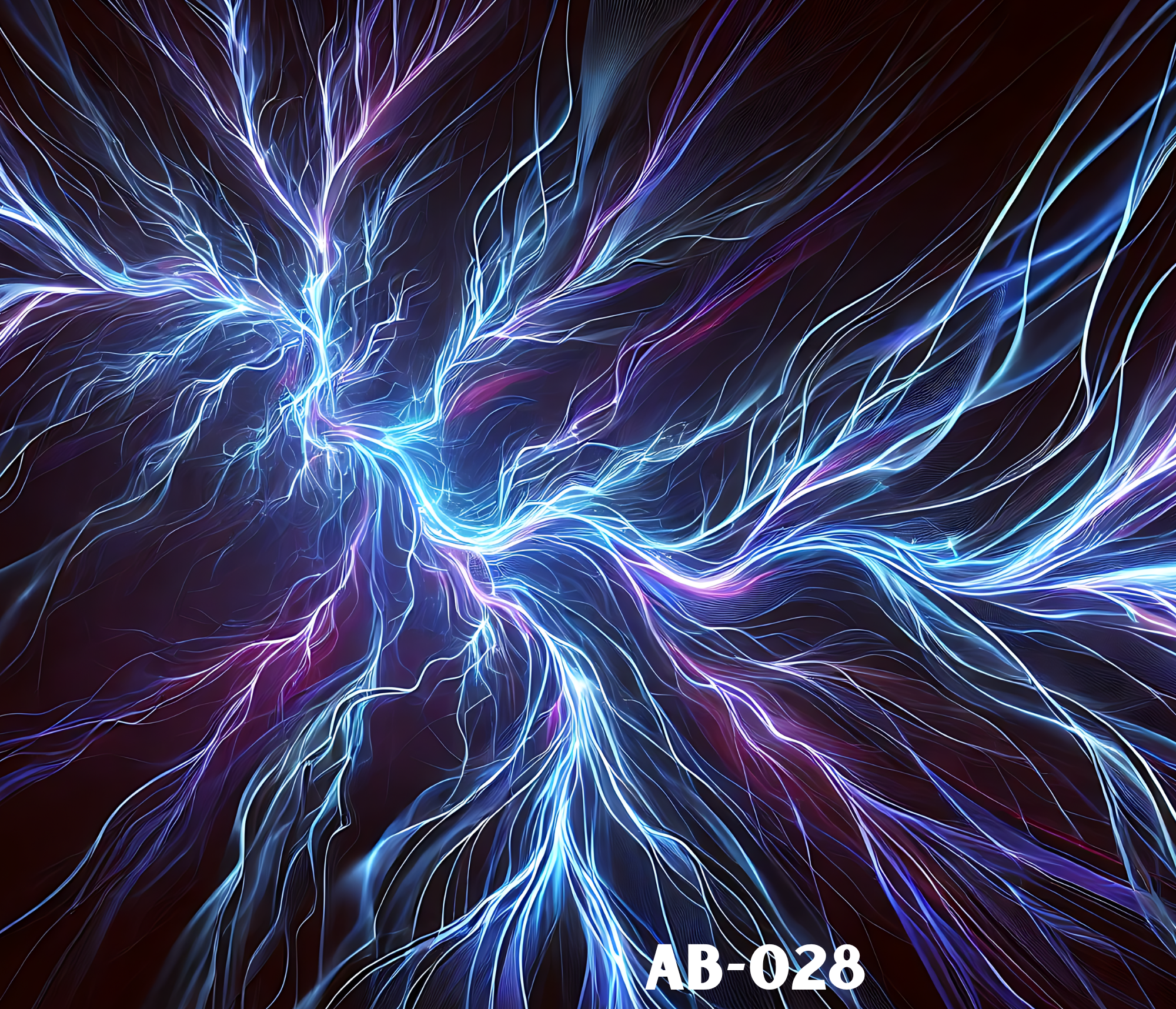 Abstract digital artwork of blue and purple electric streams resembling lightning against a dark background, with text 'AB-028' at the bottom.