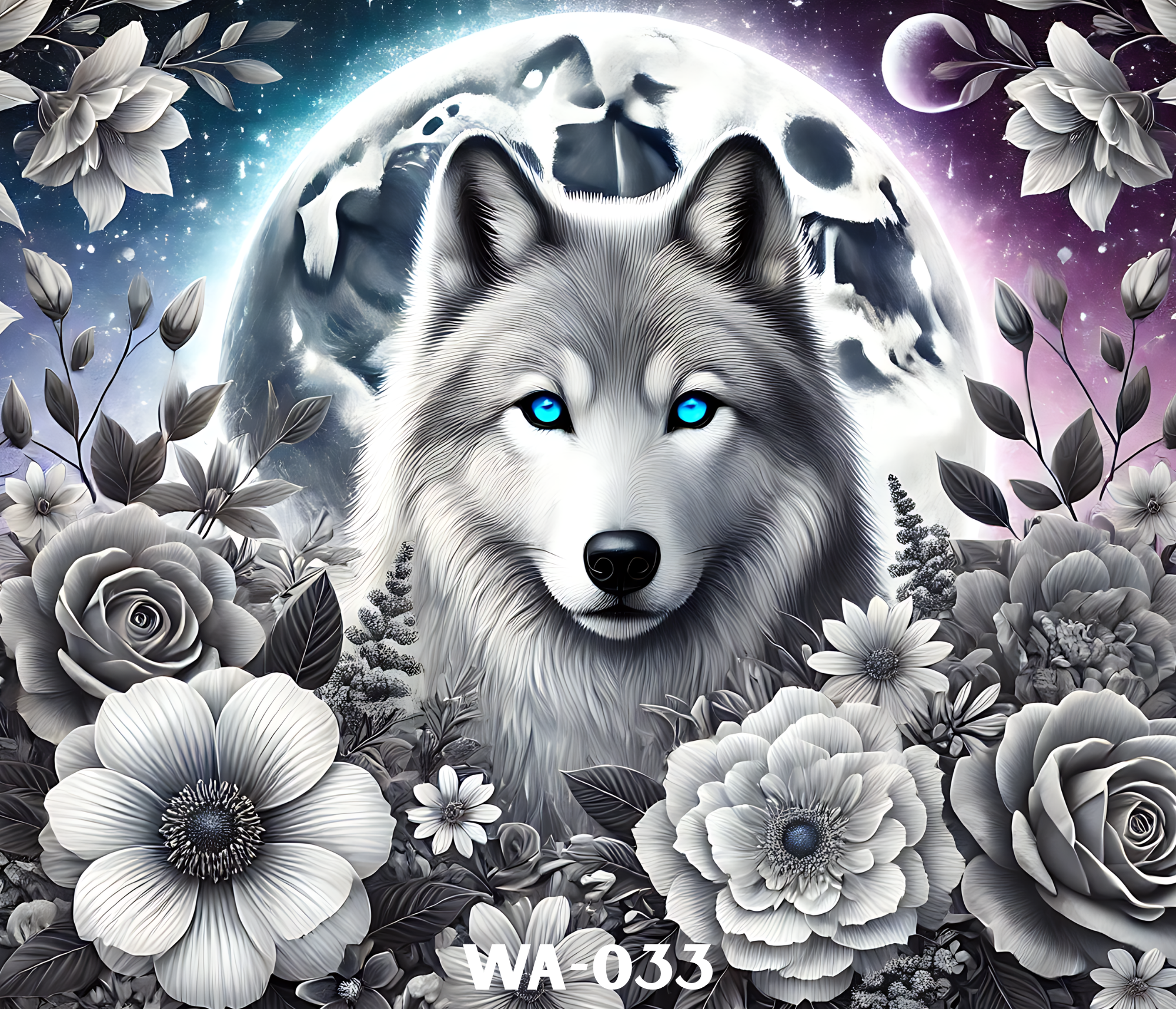 A digital illustration of a wolf with icy blue eyes, surrounded by white flowers and surrounded by a backdrop of a starry night sky, a full moon, and nebulae. The image includes the text "WOLF"