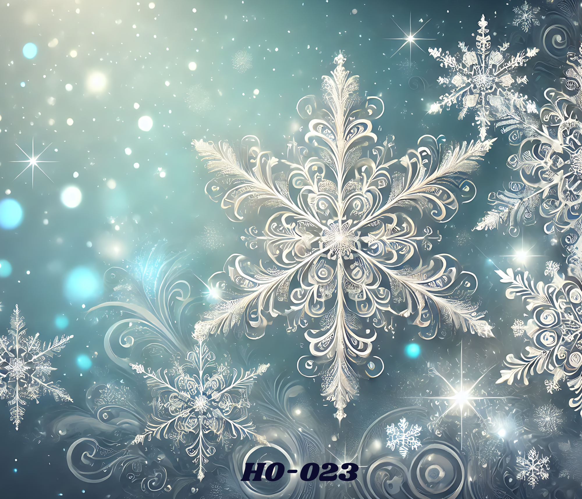 Holiday-themed digital artwork featuring intricate snowflake designs and glowing blue and white bokeh effects,