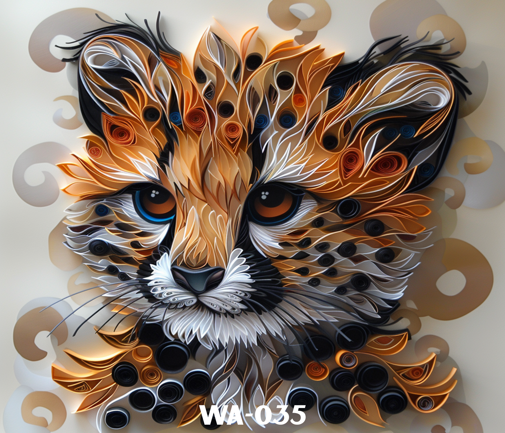 An abstract paper art art of a fox face, with curled and layered paper strips in white, orange, black, and blue, with swirling paper background a beige background.