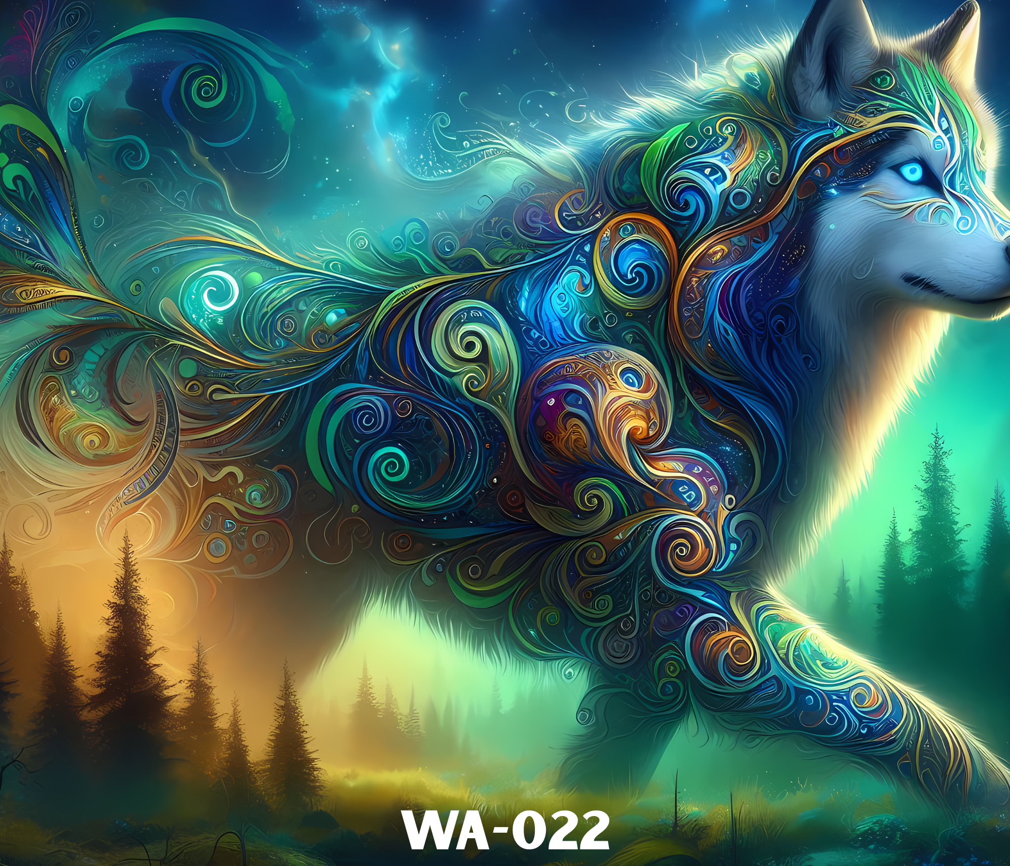 Colorful artistic digital painting of a wolf with glowing blue eye, surrounded by swirling patterns, set against a landscape of trees and sky