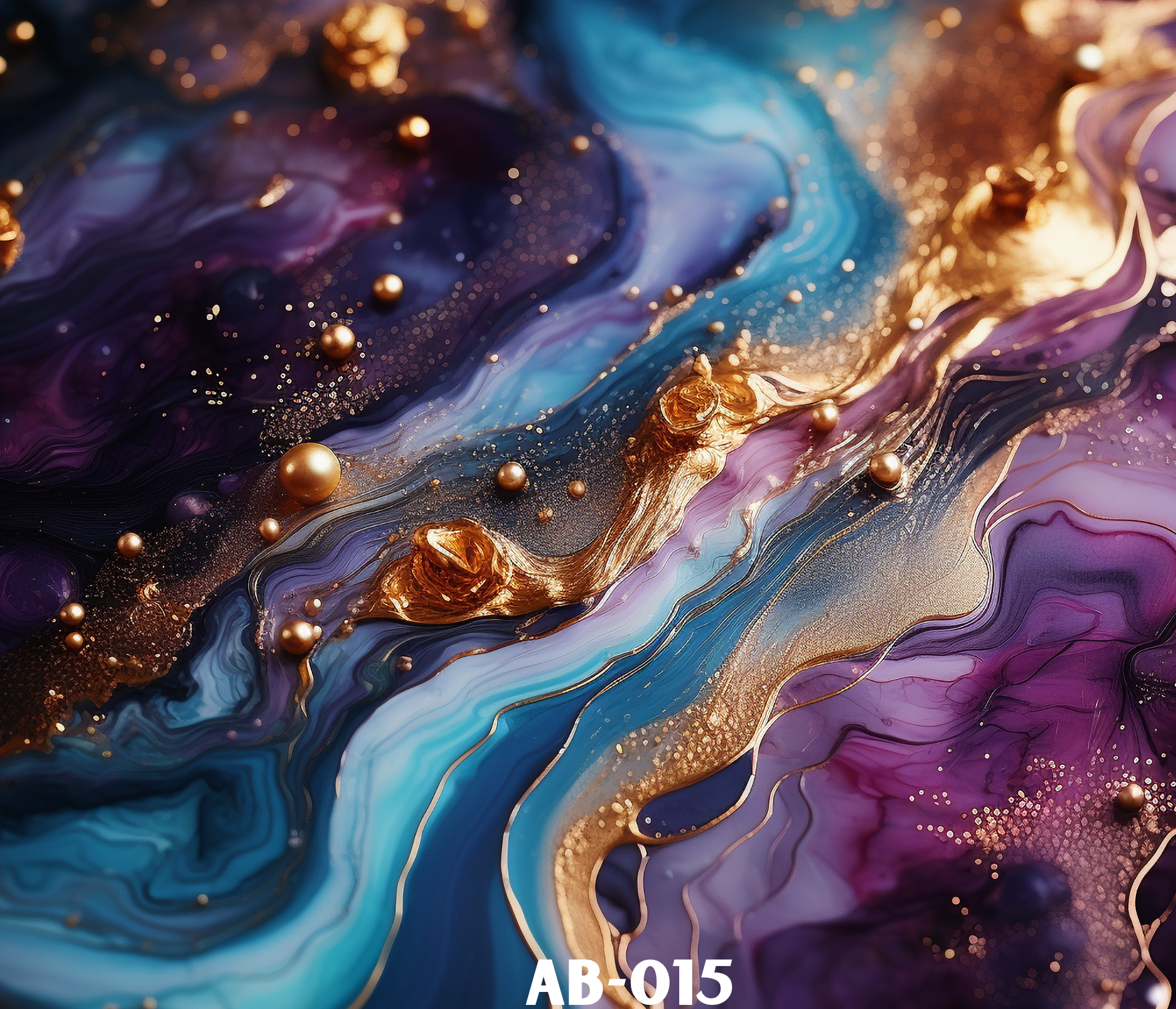 Abstract image with swirling colors of blue, purple, gold, and black, decorated with gold metallic balls and glitter accents, with the text 'AB-015' at the bottom.