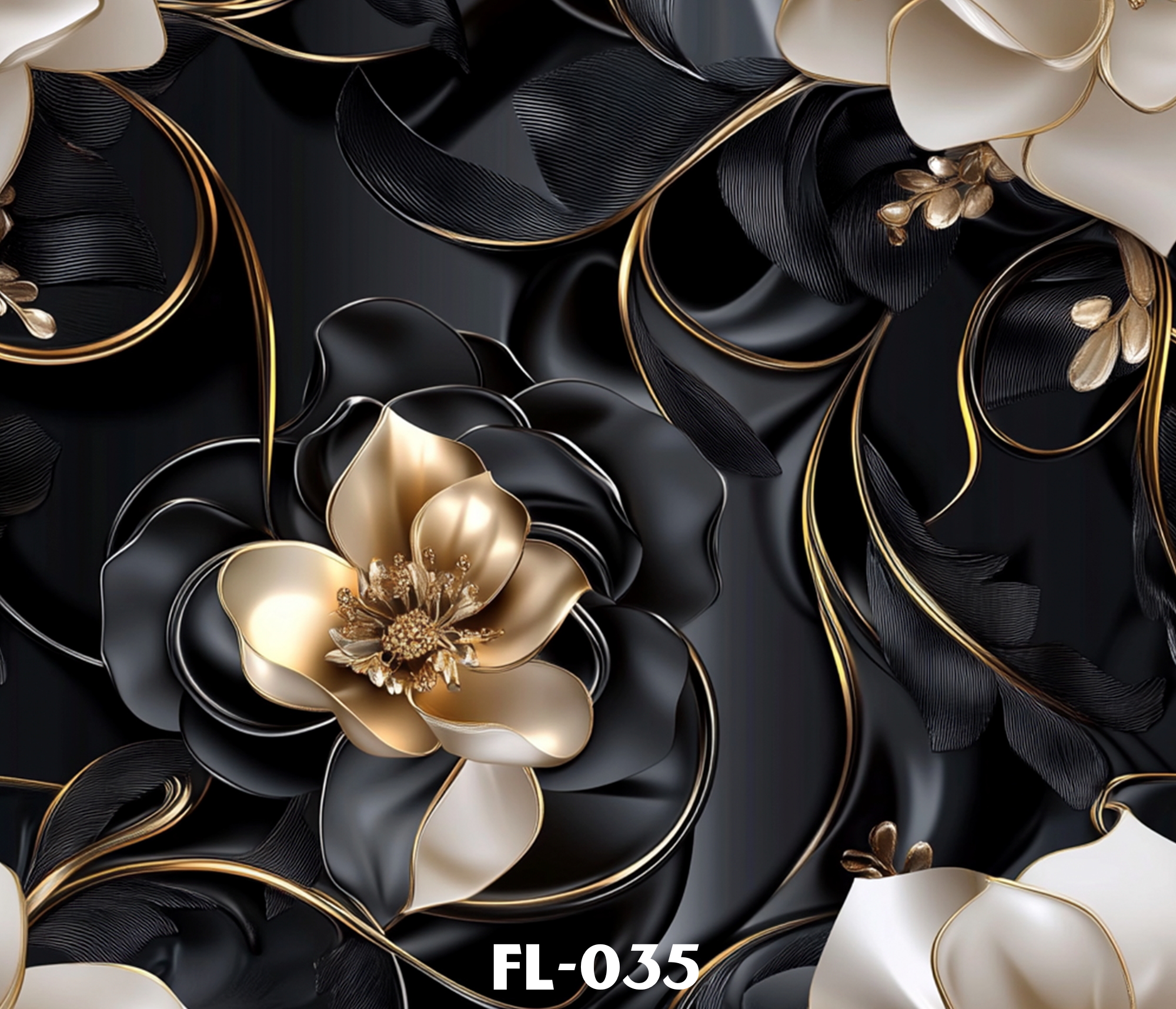 Close-up of decorative black, gold, and cream-colored flowers with gold accents and detailed petals.