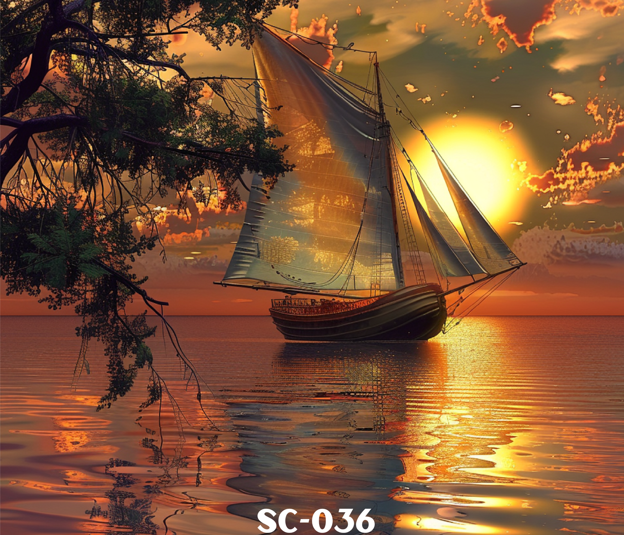 A sailboat floating on calm water during sunset, with the sky painted in orange and yellow hues, clouds scattered, and reflected on the water surface. A tree branch with leaves is in the foreground.