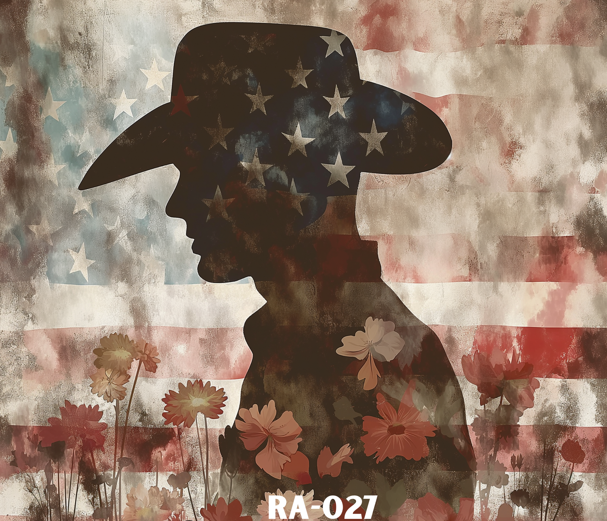 Silhouette of a person wearing a cowboy hat with the American flag pattern. The background features a faded American flag design and flowers at the bottom.