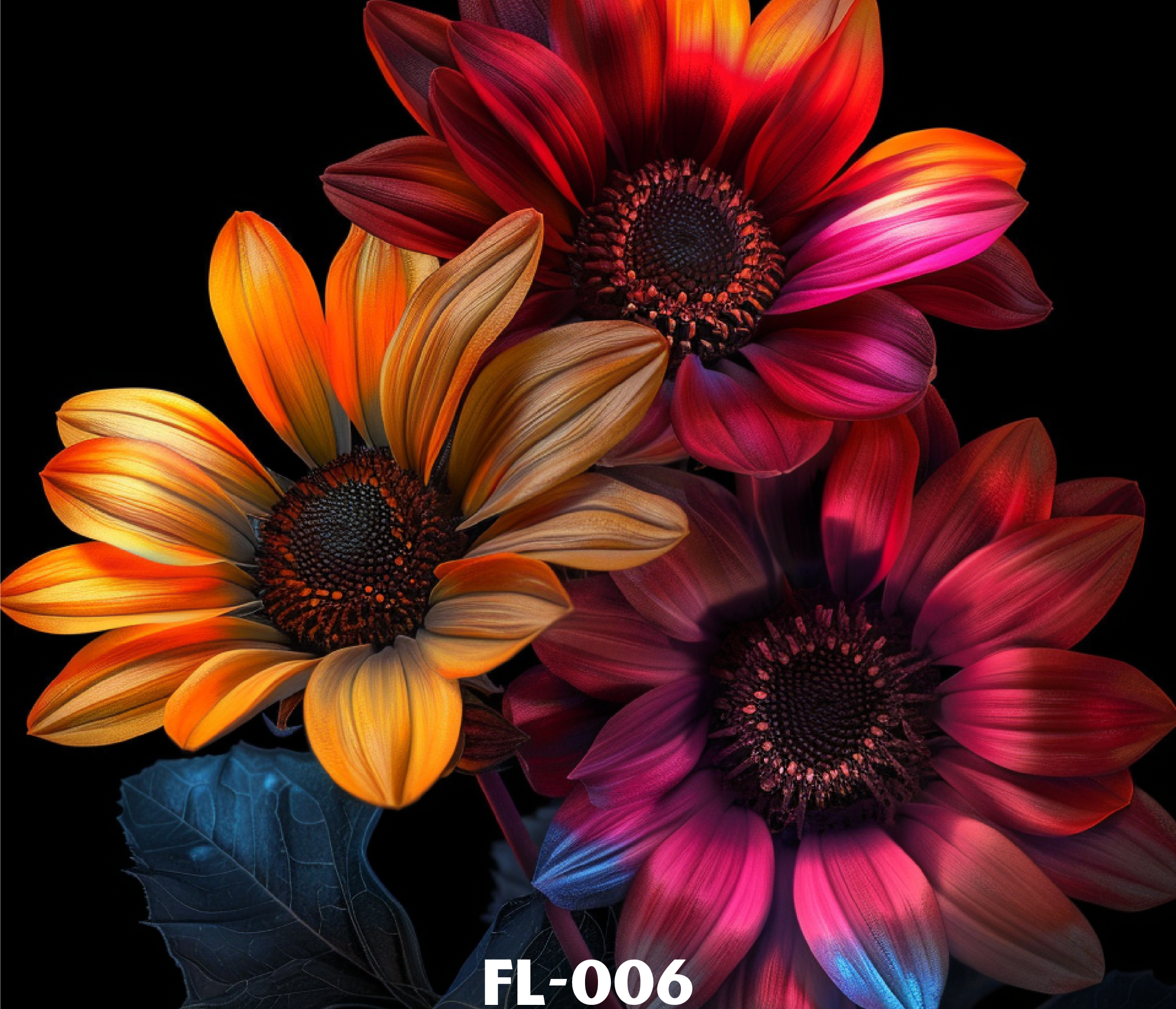 Close-up of colorful flowers, including red, orange, and pink petal daisies, against a black background.