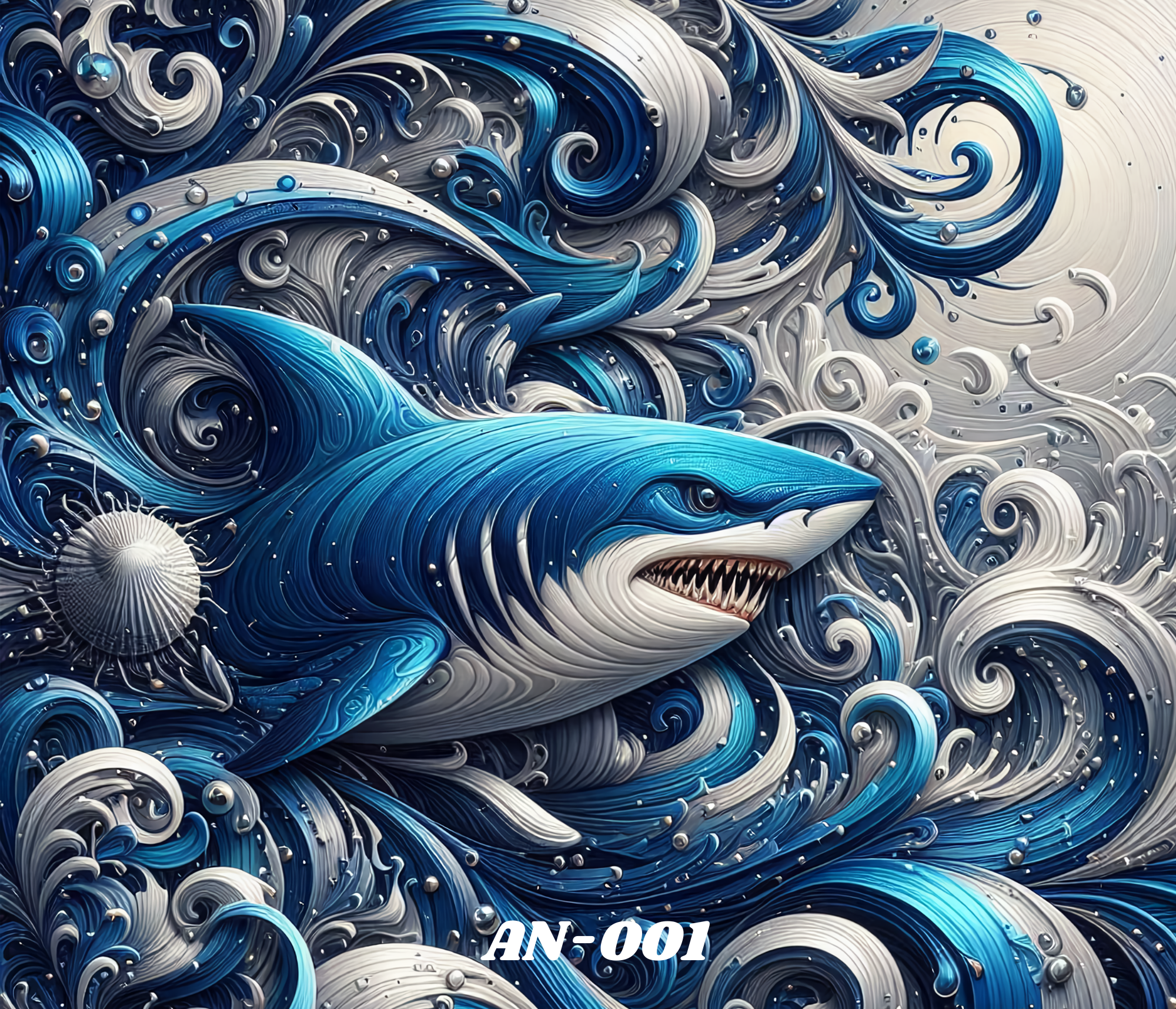 An abstract digital artwork featuring swirling waves and bubbles in shades of blue, gray, and white,