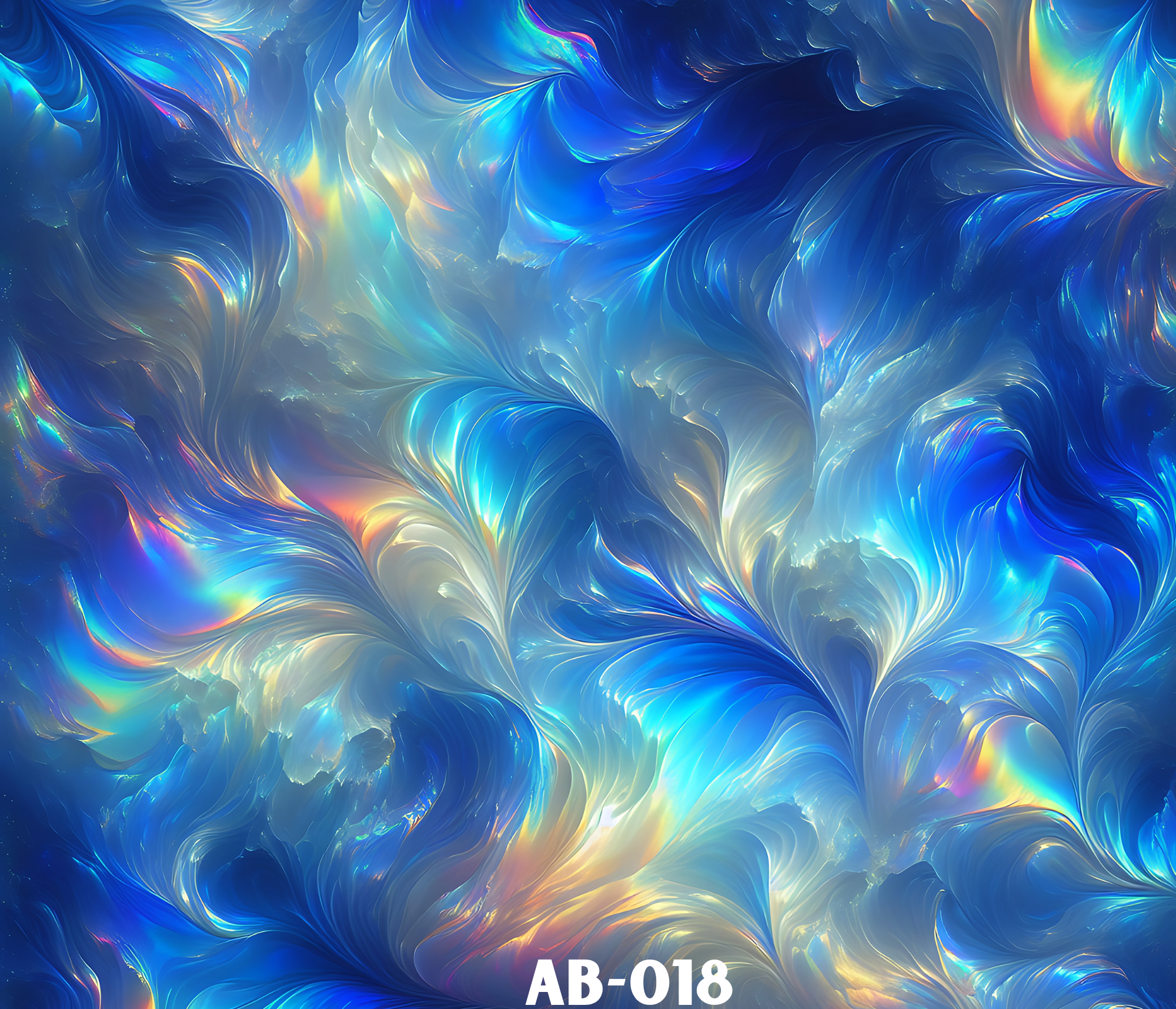 Abstract digital art of swirling light in shades of blue, with hints of other colors, labeled AB-018.