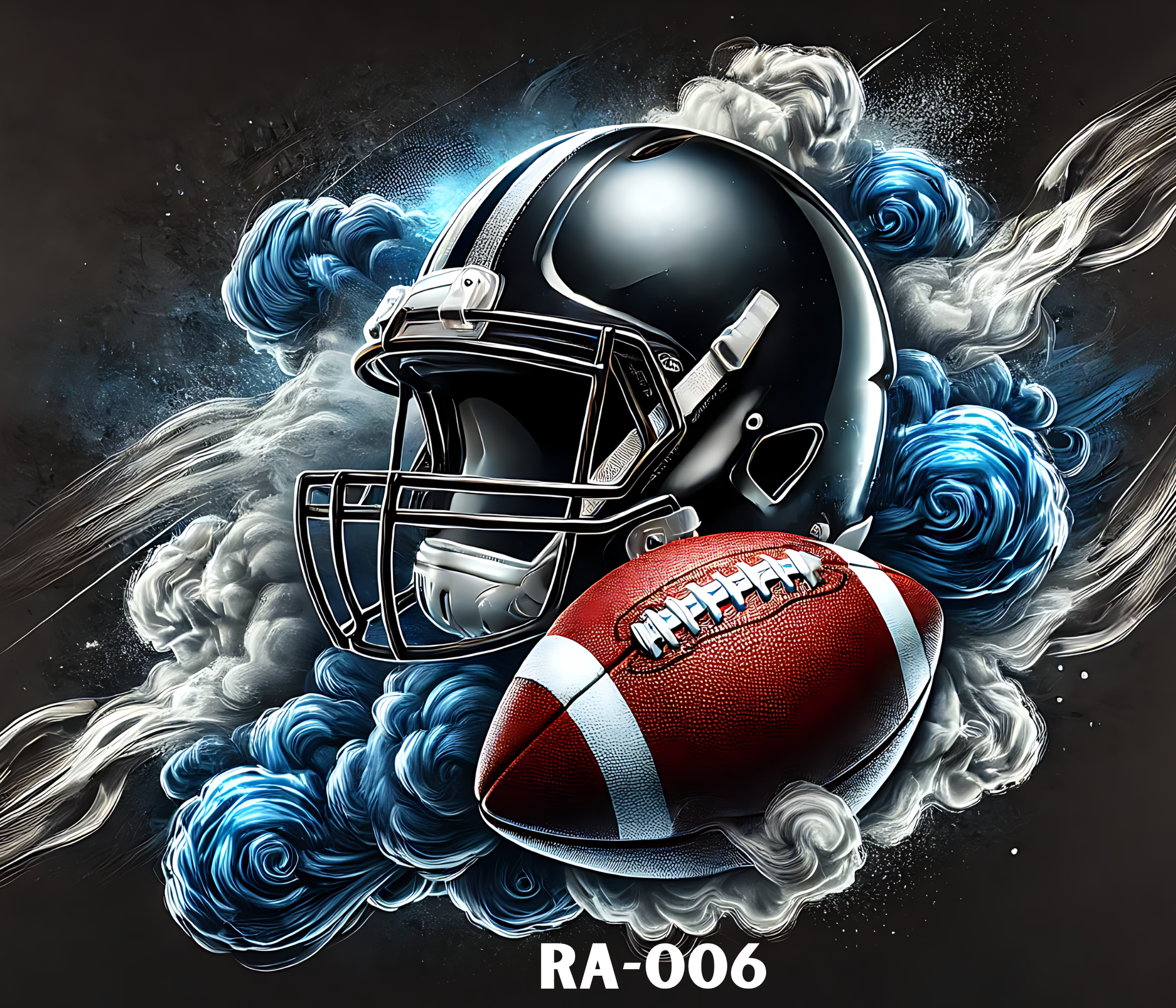 Digital artwork of a football helmet and football surrounded by swirling blue and white clouds or smoke, with a dark background.