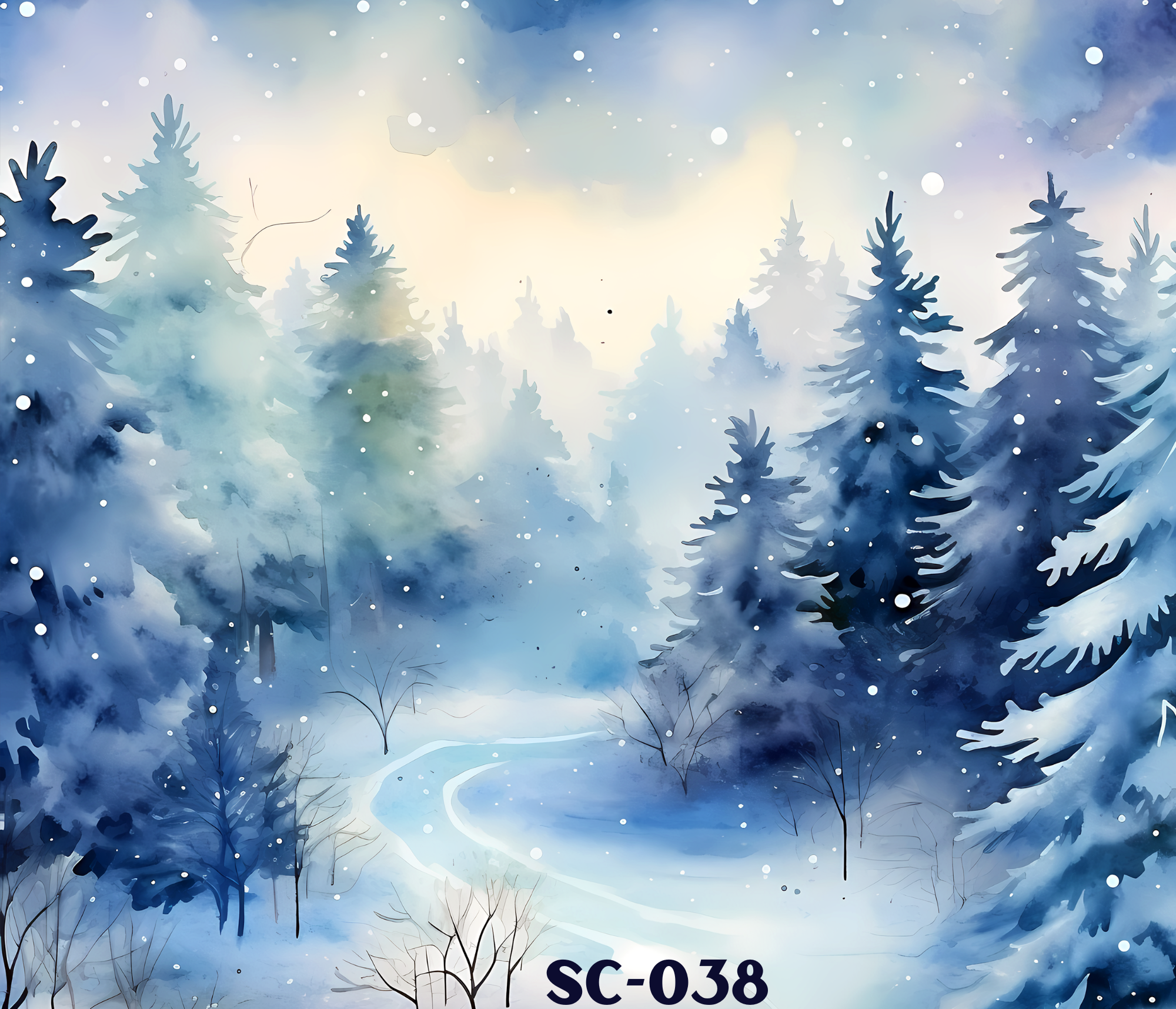 A watercolor-style winter landscape with snow-covered evergreen trees and a winding path,