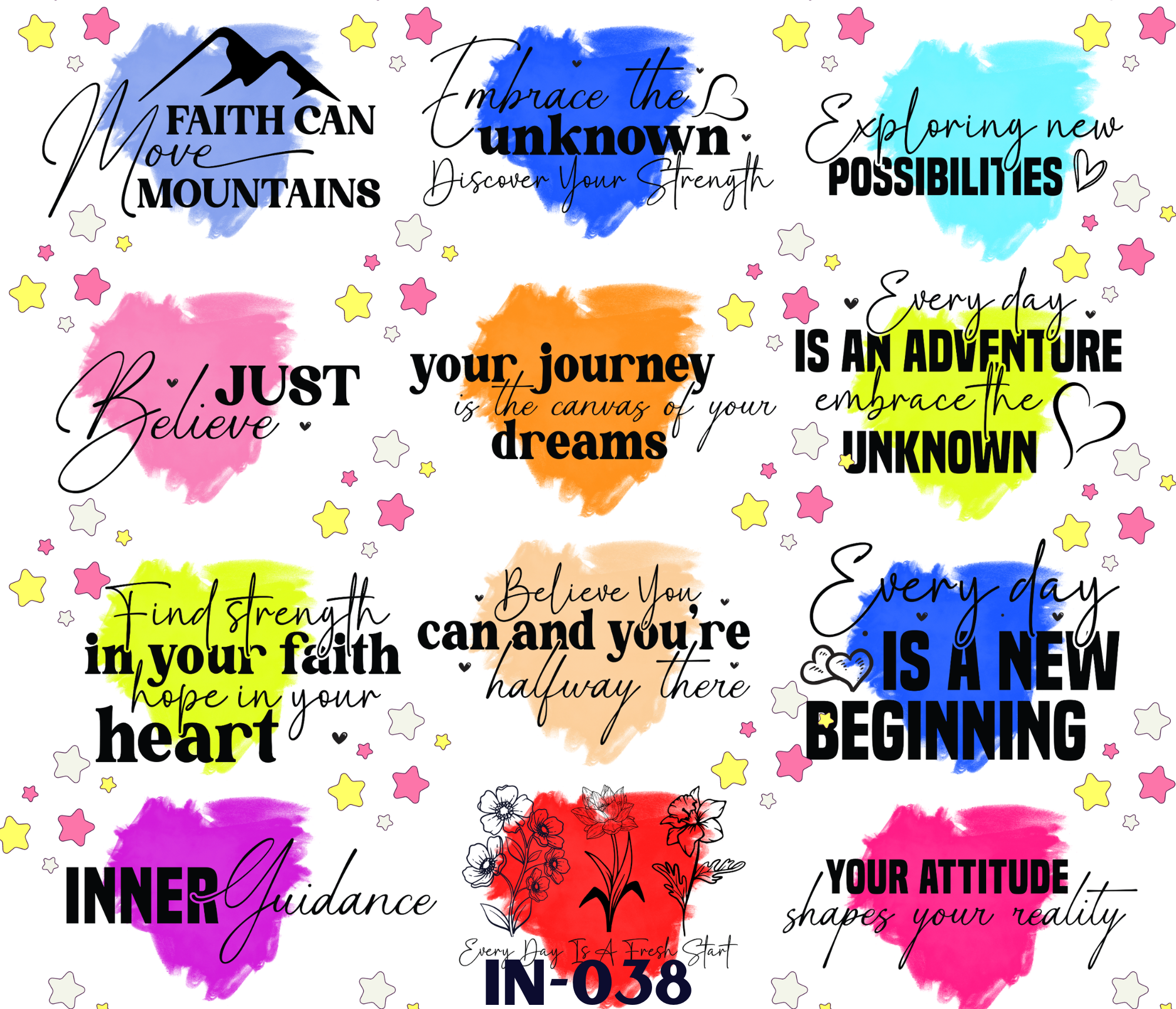 Colorful motivational quote collage with various colors, styles, and star-shaped accents, featuring phrases like "faith can move mountains," "embrace the unknown," and "every day is an adventure."
