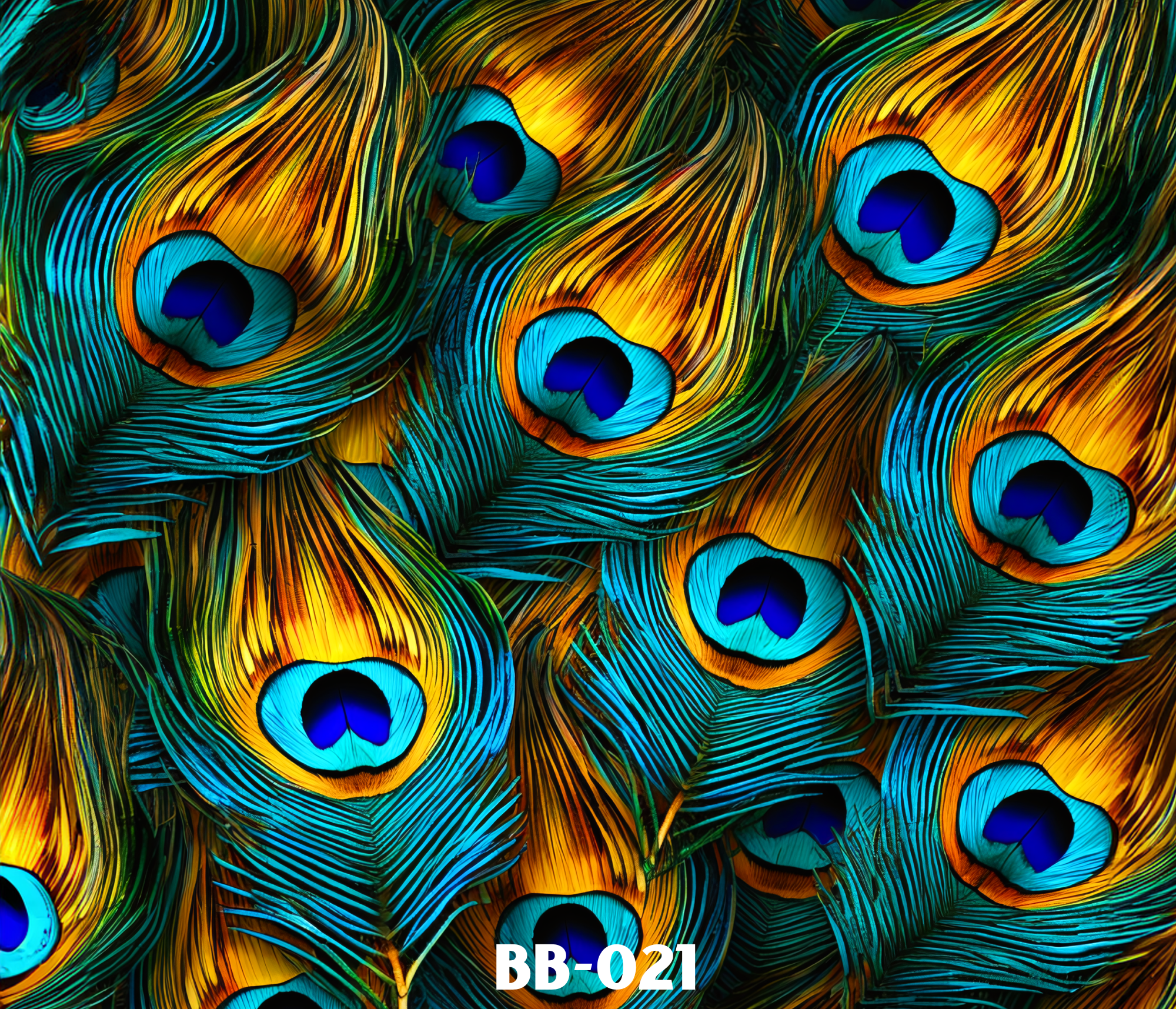 Close-up of vibrant peacock feathers with iridescent blue, green, and gold hues and eye-like patterns.