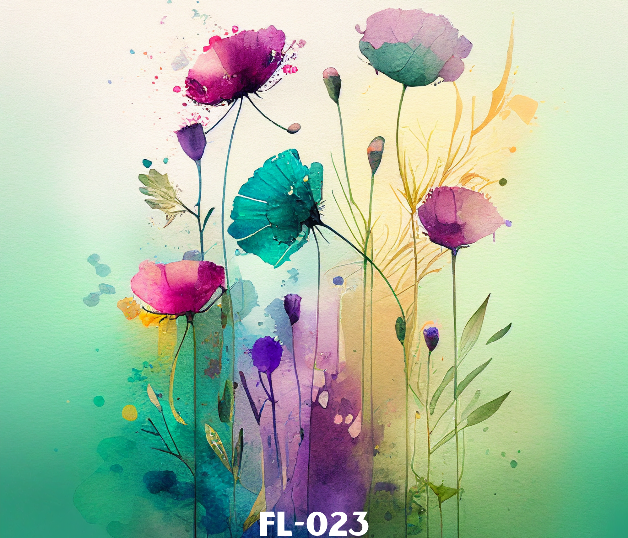 Watercolor painting of purple, pink, blue, and green flowers and foliage on a light pastel background, with the text 'FL-023' at the bottom.