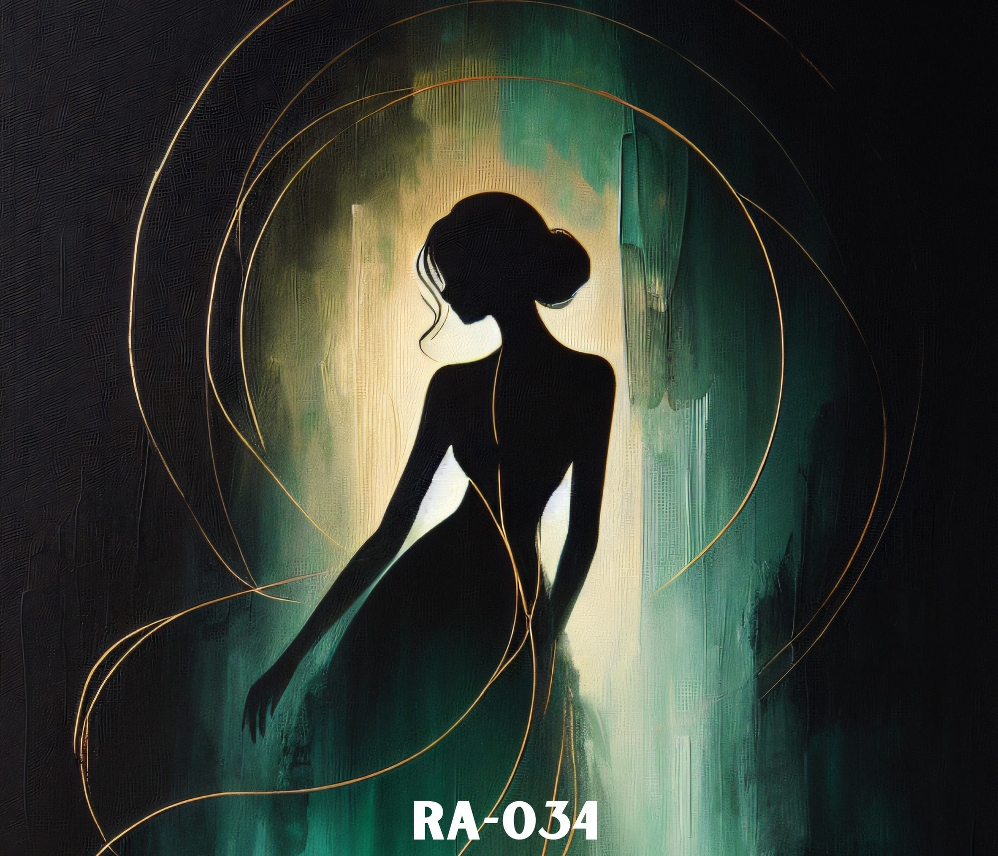 Silhouette of a woman with long hair, standing against a vibrant, swirling green and gold abstract background with circular lines.